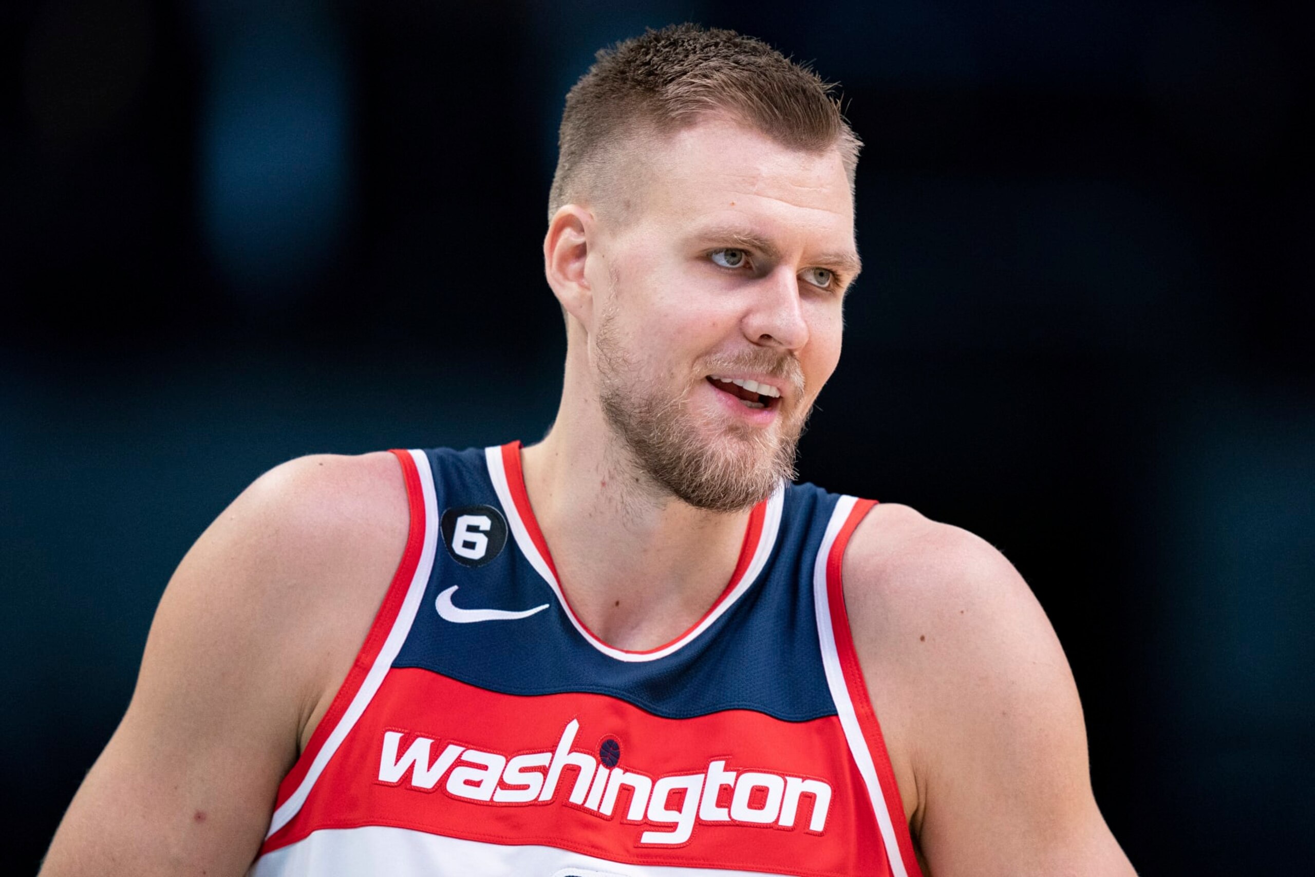 Washington Wizards center Kristaps Porzingis (6) looks on during an NBA preseason basketball game against the Charlotte Hornets in Charlotte, N.C., Monday, Oct. 10, 2022. (AP Photo/Jacob Kupferman)