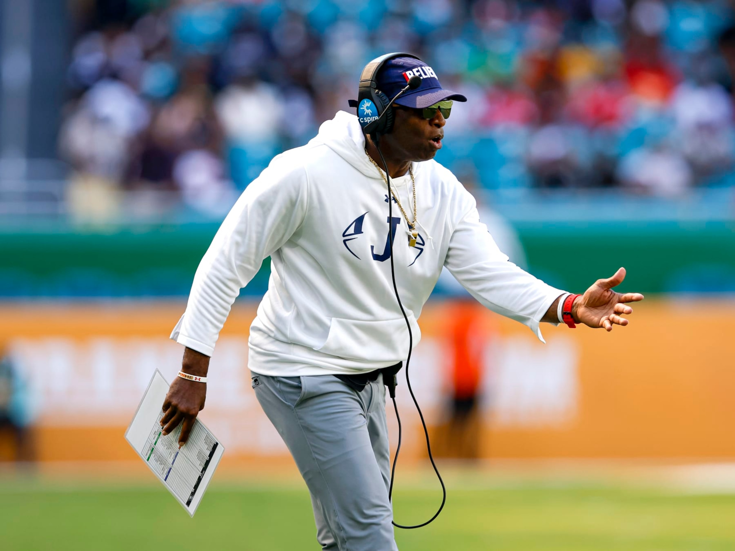 MIAMI GARDENS, FLORIDA - SEPTEMBER 04: Head coach Deion Sanders of the Jackson State Tigers reacts on the sidelines against the Florida A&M Rattlers during the Orange Blossom Classic Game at Hard Rock Stadium on September 04, 2022 in Miami Gardens, Florida. The Tigers defeated the Rattlers 59-3. (Photo by Don Juan Moore/Getty Images)