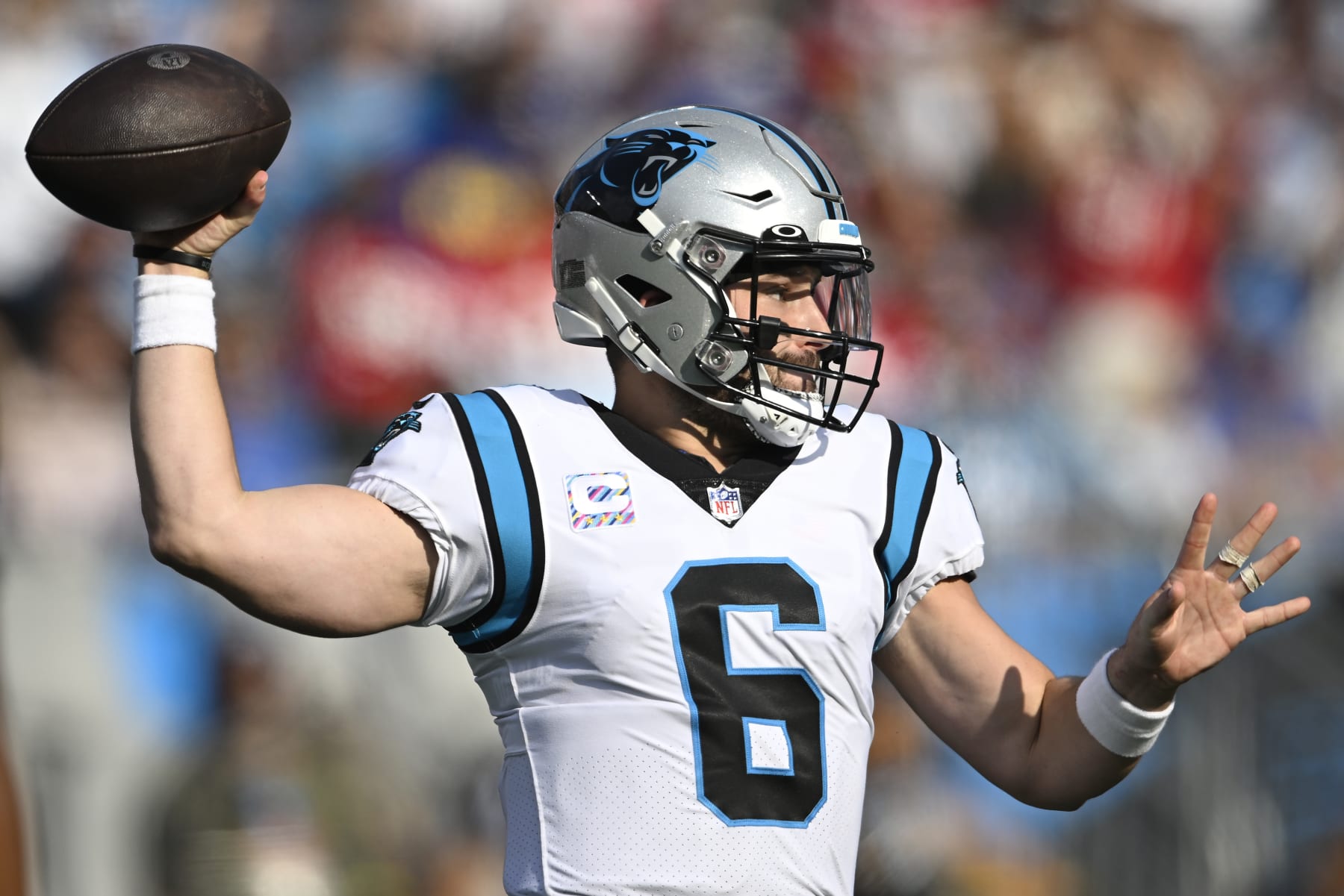 CHARLOTTE, NORTH CAROLINA - OCTOBER 09: Baker Mayfield #6 of the Carolina Panthers throws the ball during the first quarter against the San Francisco 49ers at Bank of America Stadium on October 09, 2022 in Charlotte, North Carolina. (Photo by Eakin Howard/Getty Images)