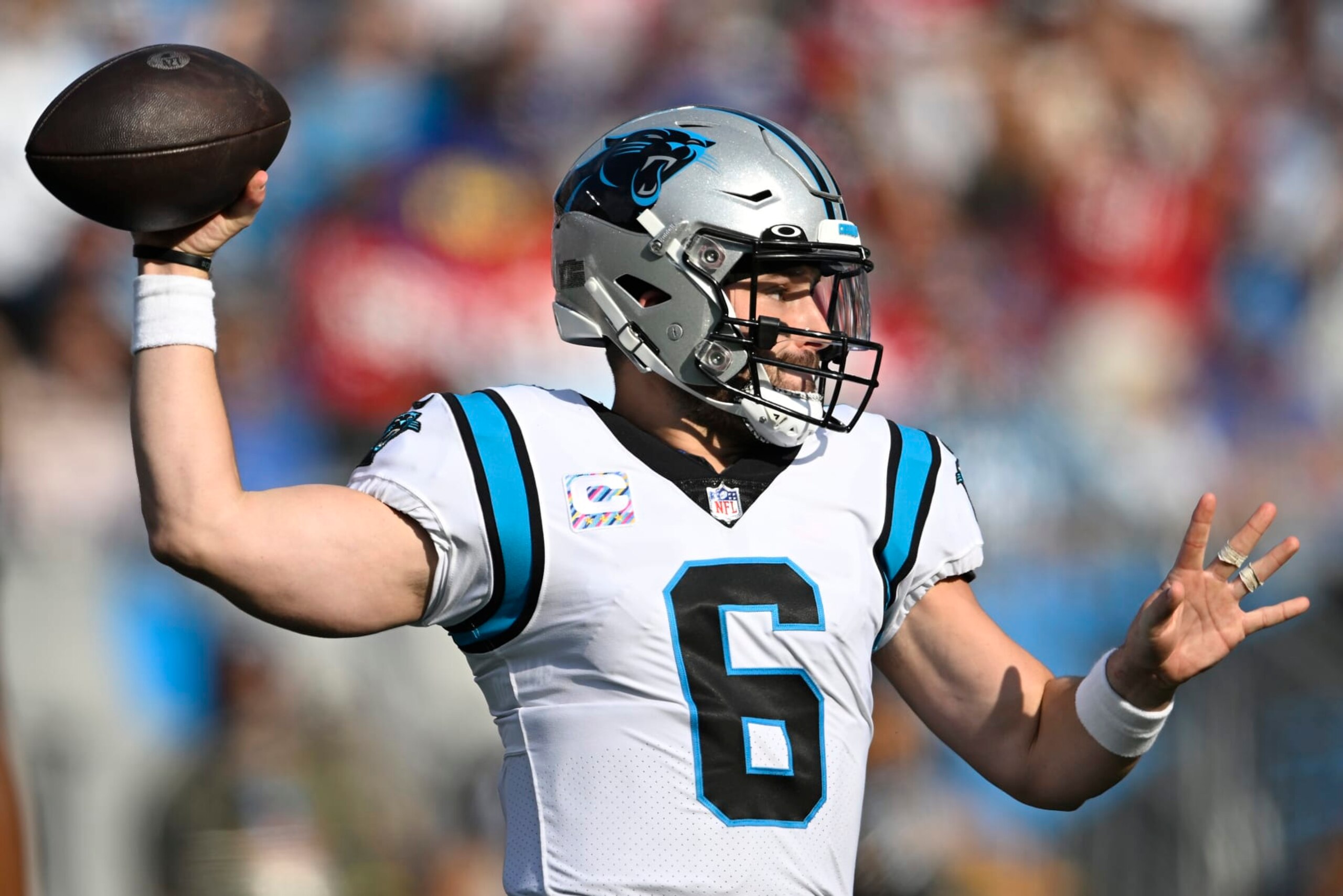 CHARLOTTE, NORTH CAROLINA - OCTOBER 09: Baker Mayfield #6 of the Carolina Panthers throws the ball during the first quarter against the San Francisco 49ers at Bank of America Stadium on October 09, 2022 in Charlotte, North Carolina. (Photo by Eakin Howard/Getty Images)