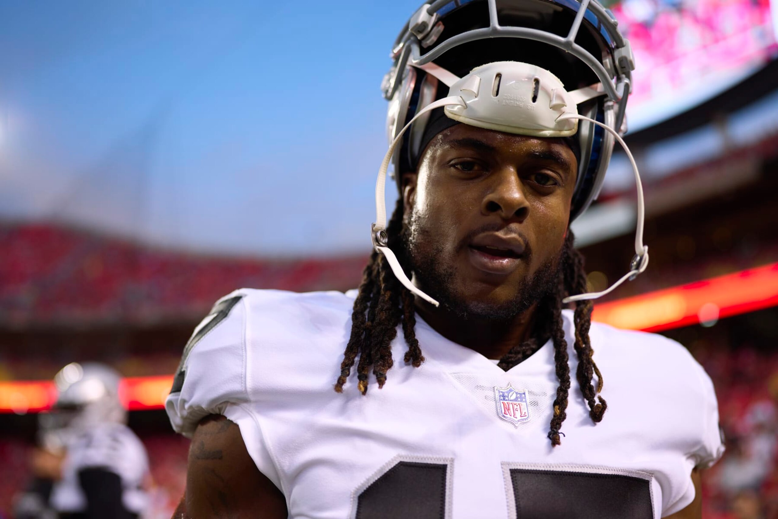 KANSAS CITY, MO - OCTOBER 10: Davante Adams #17 of the Las Vegas Raiders warms up before kickoff against the Kansas City Chiefs at GEHA Field at Arrowhead Stadium on October 10, 2022 in Kansas City, Missouri. (Photo by Cooper Neill/Getty Images)