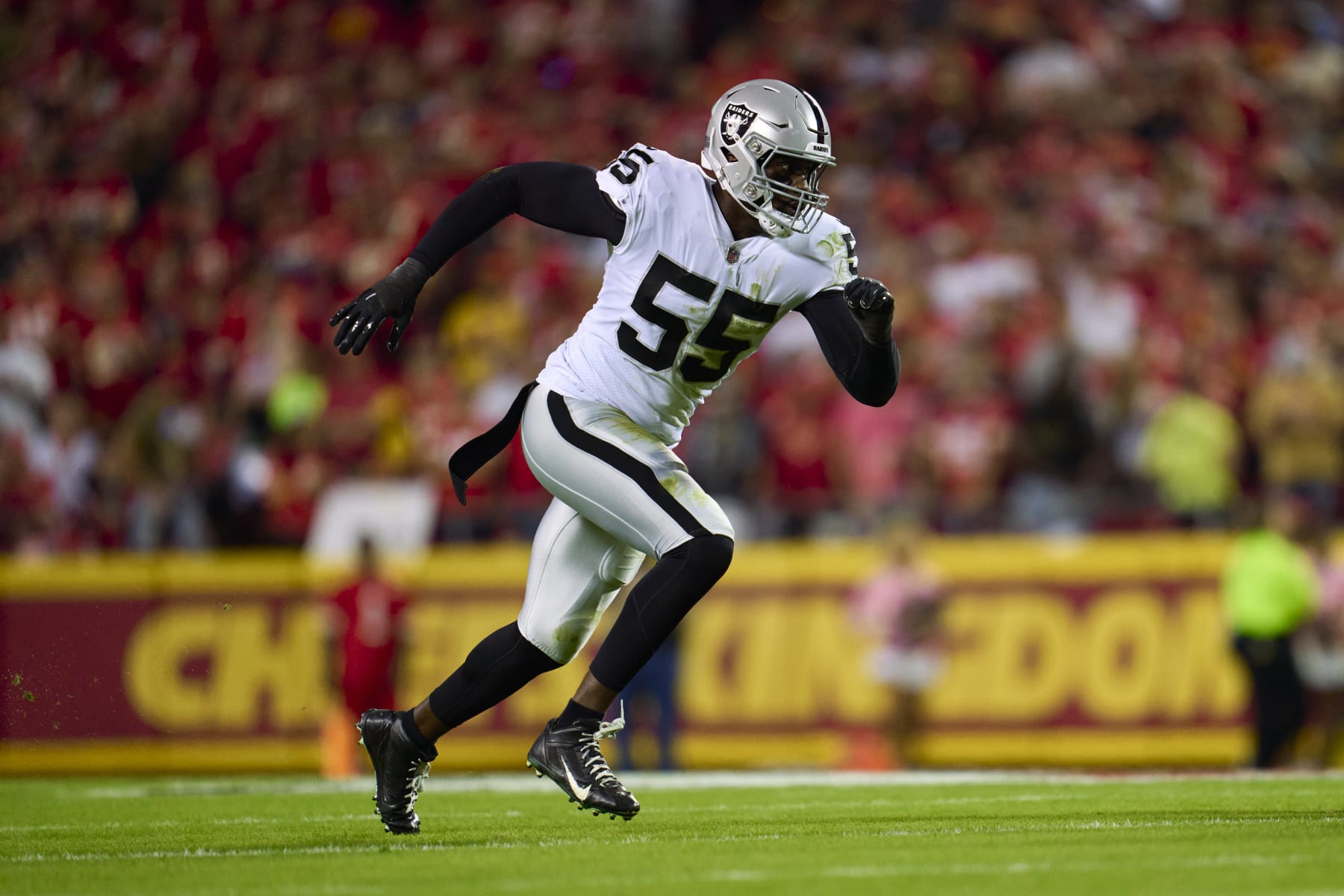 KANSAS CITY, MO - OCTOBER 10: Chandler Jones #55 of the Las Vegas Raiders rushes the passer against the Kansas City Chiefs during the first half at GEHA Field at Arrowhead Stadium on October 10, 2022 in Kansas City, Missouri. (Photo by Cooper Neill/Getty Images)