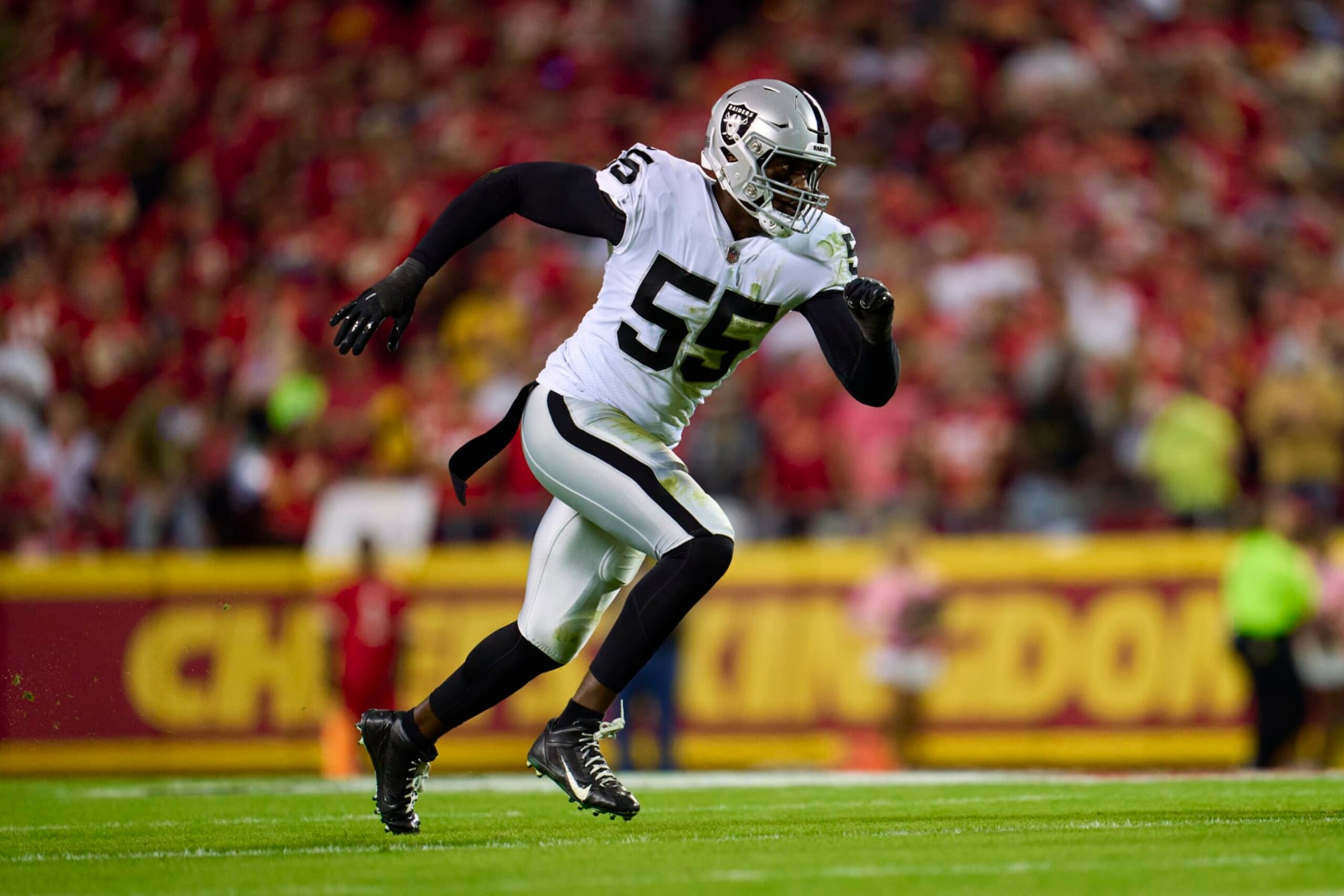 KANSAS CITY, MO - OCTOBER 10: Chandler Jones #55 of the Las Vegas Raiders rushes the passer against the Kansas City Chiefs during the first half at GEHA Field at Arrowhead Stadium on October 10, 2022 in Kansas City, Missouri. (Photo by Cooper Neill/Getty Images)