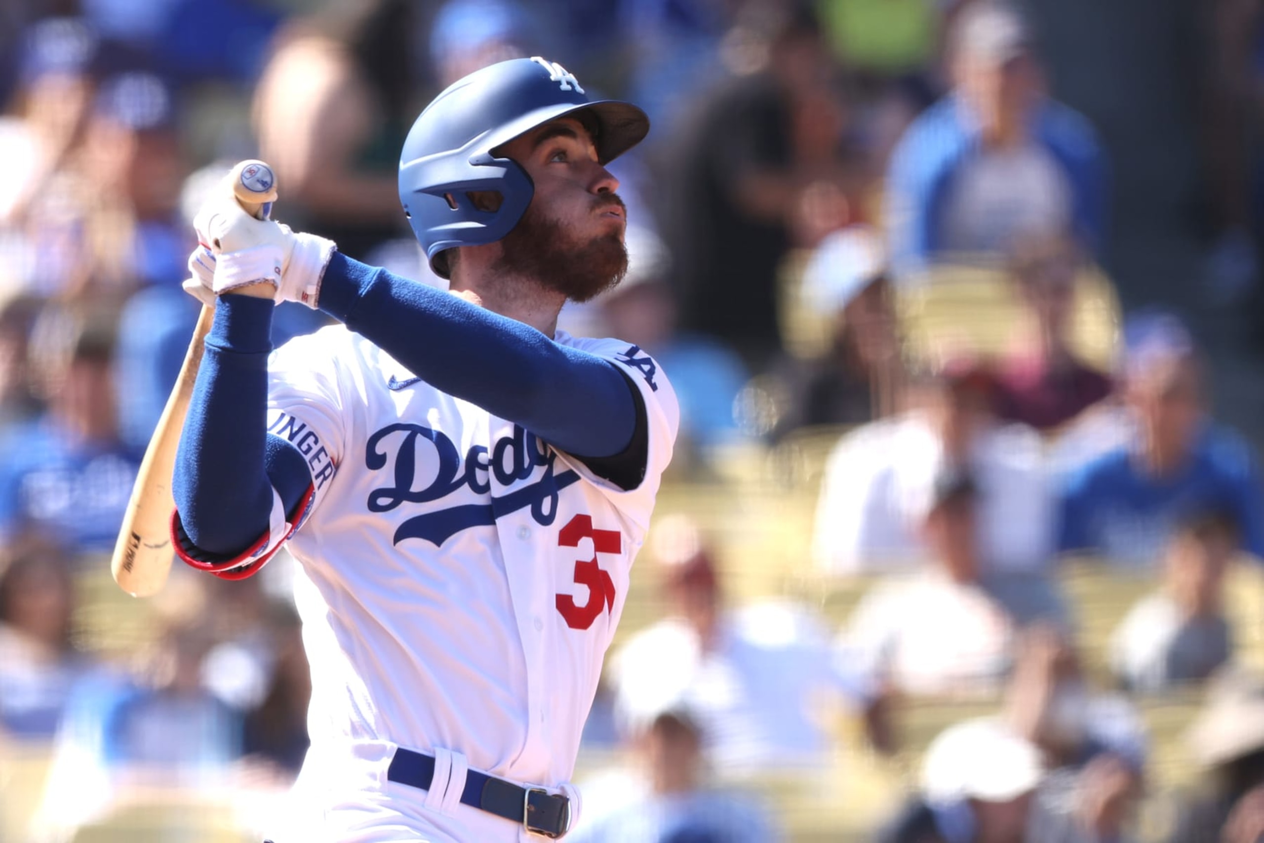 LOS ANGELES, CALIFORNIA - OCTOBER 02: Cody Bellinger #35 of the Los Angeles Dodgers hits in the fourth inning against the Colorado Rockies at Dodger Stadium on October 02, 2022 in Los Angeles, California. (Photo by Katharine Lotze/Getty Images)