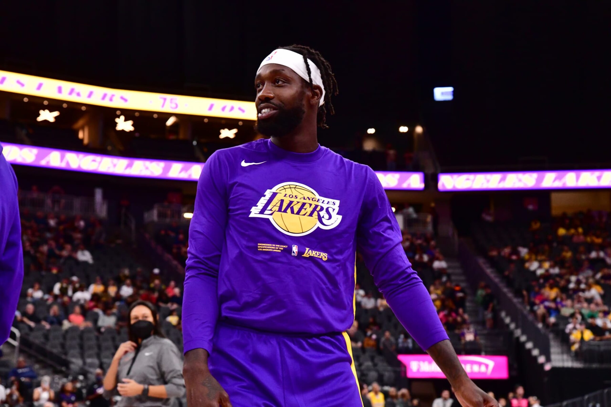 LAS VEGAS, NV - OCTOBER 5: Patrick Beverly #21 of the Los Angeles Lakers smiles before a preseason game against the Phoenix Suns on October 5, 2022 at T-Mobile Arena, Las Vegas, NV. NOTE TO USER: User expressly acknowledges and agrees that, by downloading and or using this photograph, user is consenting to the terms and conditions of the Getty Images License Agreement. Mandatory Copyright Notice: Copyright 2022 NBAE (Photo by Barry Gossage/NBAE via Getty Images)