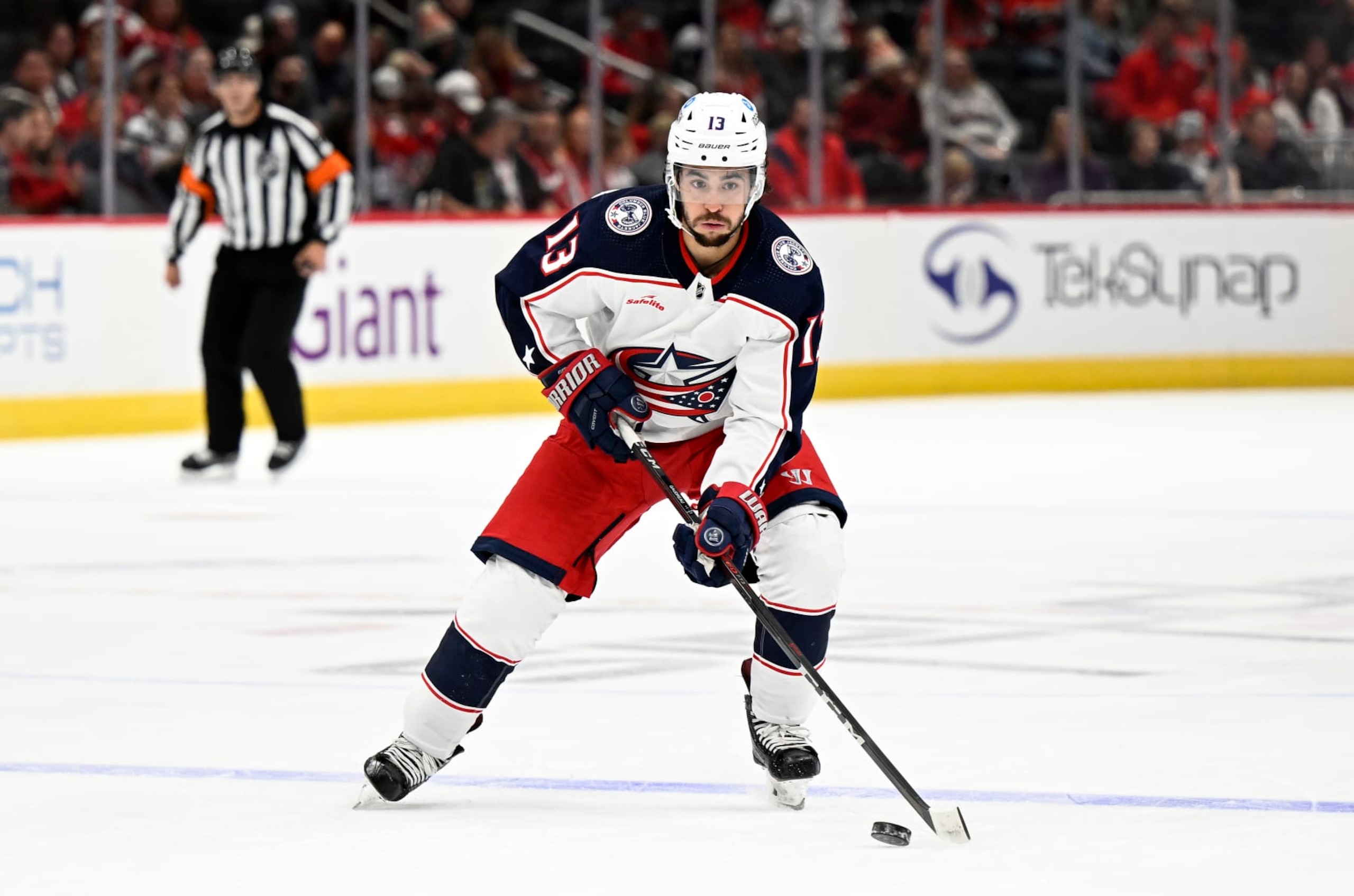 WASHINGTON, DC - OCTOBER 08: Johnny Gaudreau #13 of the Columbus Blue Jackets handles the puck against the Washington Capitals during a preseason game at Capital One Arena on October 08, 2022 in Washington, DC. (Photo by G Fiume/Getty Images) WASHINGTON, DC - OCTOBER 08: Johnny Gaudreau #13 of the Columbus Blue Jackets handles the puck against the Washington Capitals during a preseason game at Capital One Arena on October 08, 2022 in Washington, DC. (Photo by G Fiume/Getty Images)