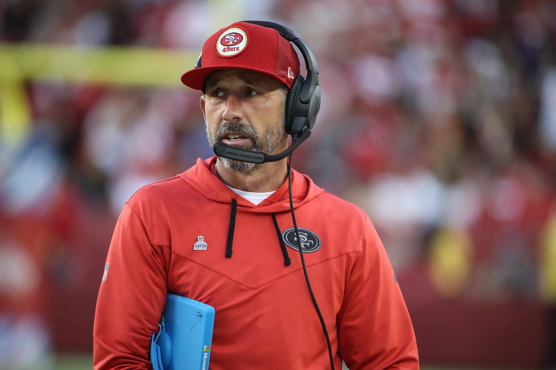 SANTA CLARA, CA - OCTOBER 03:  San Francisco 49ers head coach Kyle Shanahan during the NFL game between the Los Angeles Rams and the San Francisco 49ers on October 03, 2022, at Levi's Stadium in Santa Clara, CA. (Photo by Jevone Moore/Icon Sportswire via Getty Images)