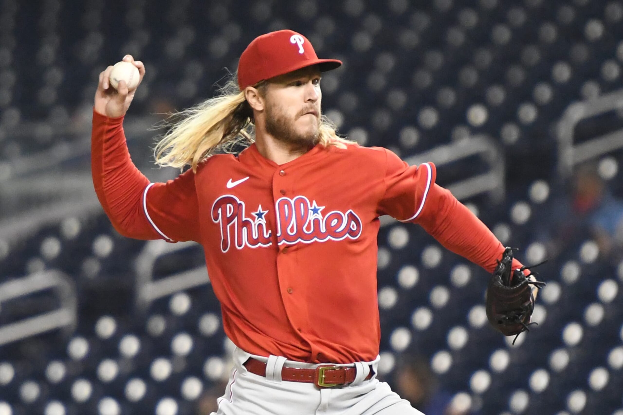 WASHINGTON, DC - OCTOBER 01:  Noah Syndergaard #43 of the Philadelphia Phillies pitches in the first inning during game two of a doubleheader baseball game against the Washington Nationals at Nationals Park on October 1, 2022 in Washington, DC.  (Photo by Mitchell Layton/Getty Images)