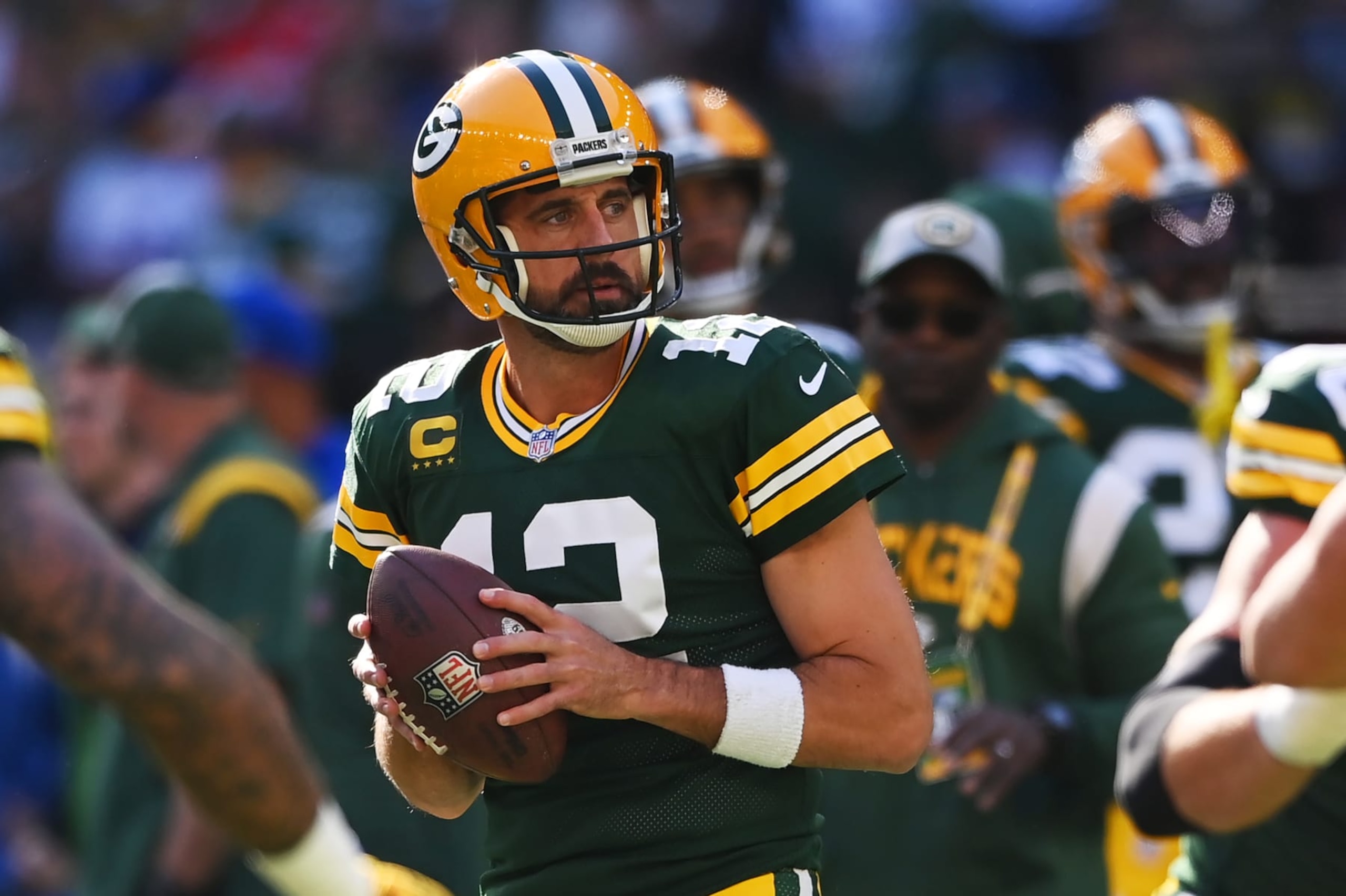 LONDON, ENGLAND - OCTOBER 09: Aaron Rodgers #12 of the Green Bay Packers warms up prior to the NFL match between New York Giants and Green Bay Packers at Tottenham Hotspur Stadium on October 09, 2022 in London, England. (Photo by Stu Forster/Getty Images)