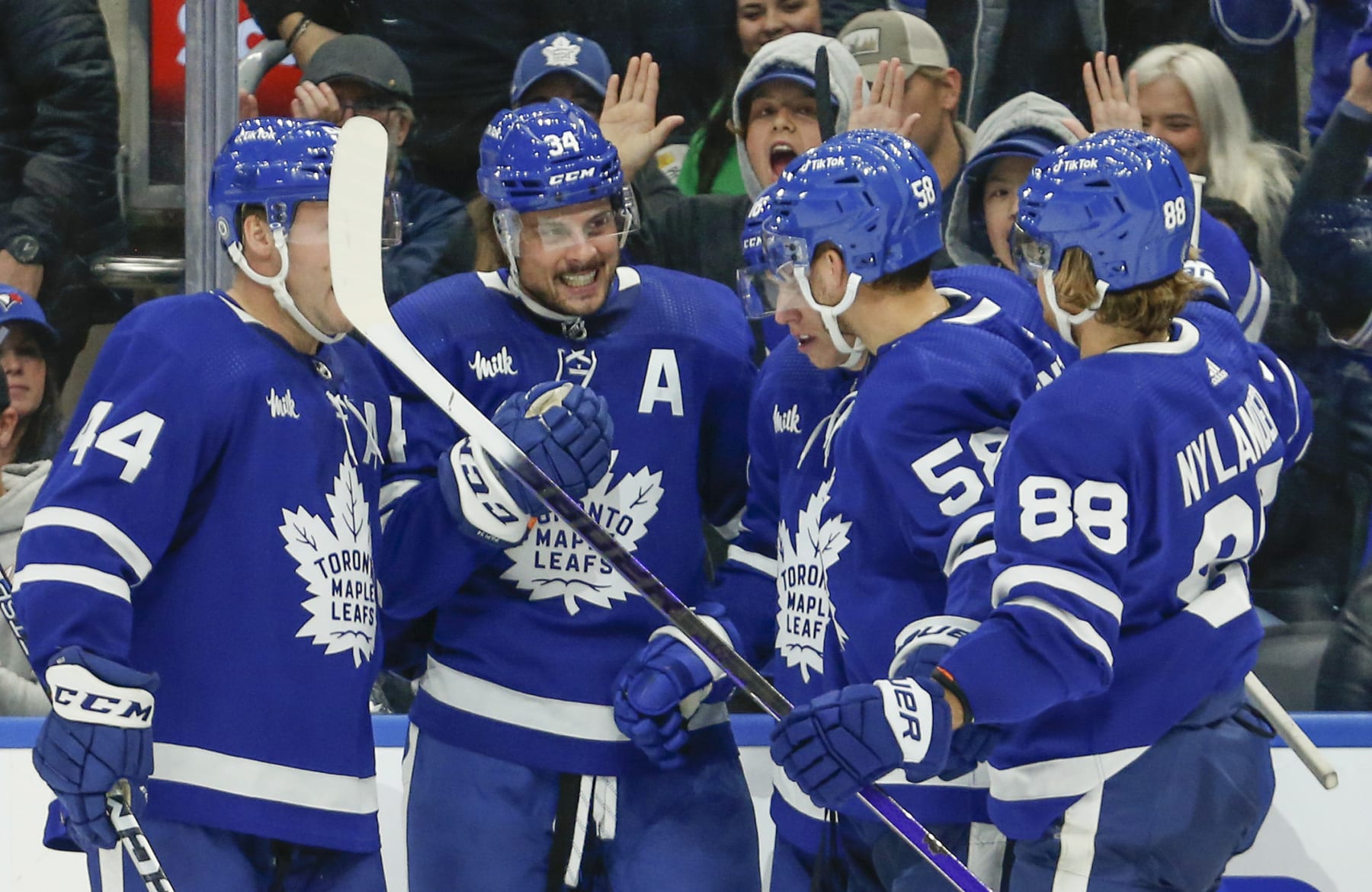- NO PHOTO CREDIT -
- NO PHOTO CREDIT -

TORONTO, ON - OCTOBER 8: Toronto Maple Leafs center Auston Matthews (34) gets his 1st preseason goal as line mates Toronto Maple Leafs defenseman Morgan Rielly (44), Toronto Maple Leafs right wing Mitchell Marner (16), Toronto Maple Leafs left wing Michael Bunting (58) and Toronto Maple Leafs right wing William Nylander (88) come to celebrate. Toronto Maple Leafs vs Detroit Red Wings during 3rd period play NHL pre season action at Scotiabank Arena in Toronto. Leafs won 5-1. Toronto Star/Rick Madonik        (Rick Madonik/Toronto Star via Getty Images)