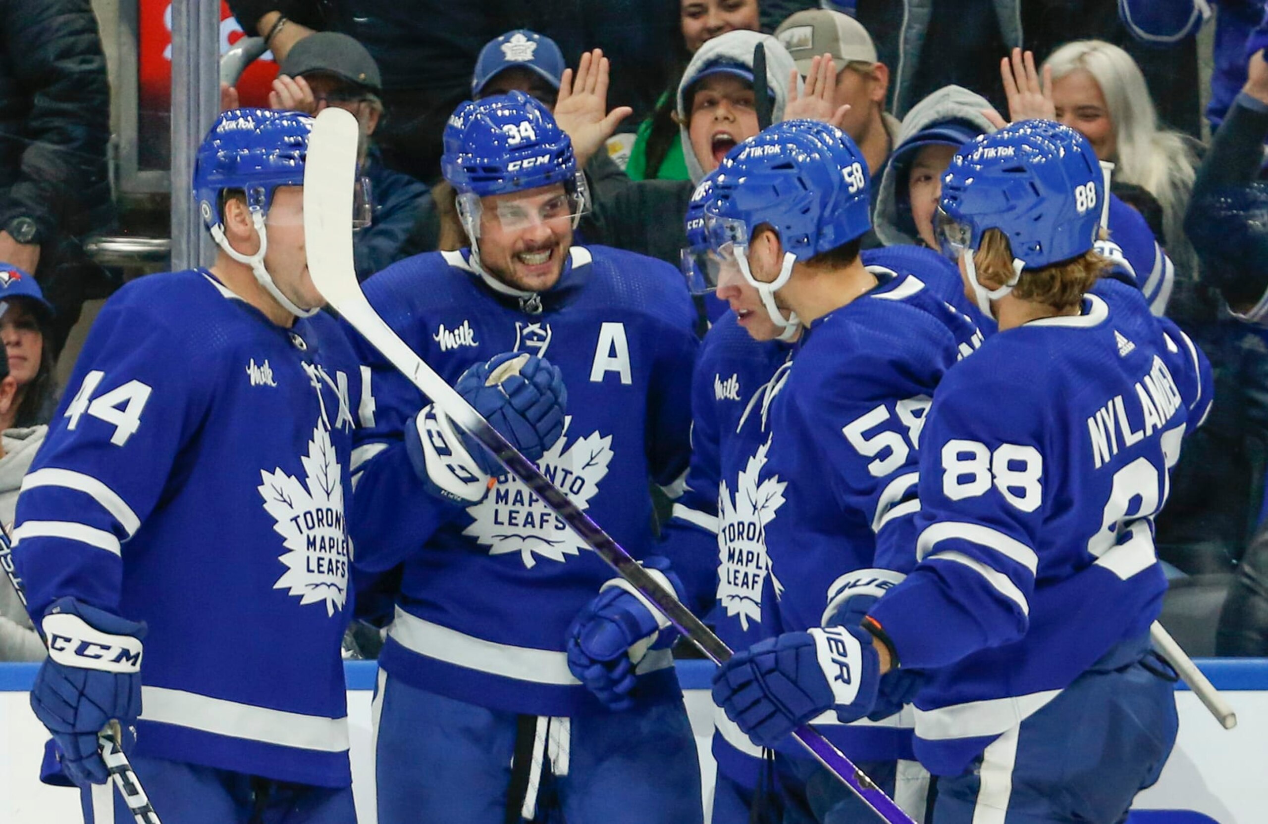 - NO PHOTO CREDIT -
- NO PHOTO CREDIT -

TORONTO, ON - OCTOBER 8: Toronto Maple Leafs center Auston Matthews (34) gets his 1st preseason goal as line mates Toronto Maple Leafs defenseman Morgan Rielly (44), Toronto Maple Leafs right wing Mitchell Marner (16), Toronto Maple Leafs left wing Michael Bunting (58) and Toronto Maple Leafs right wing William Nylander (88) come to celebrate. Toronto Maple Leafs vs Detroit Red Wings during 3rd period play NHL pre season action at Scotiabank Arena in Toronto. Leafs won 5-1. Toronto Star/Rick Madonik        (Rick Madonik/Toronto Star via Getty Images)
