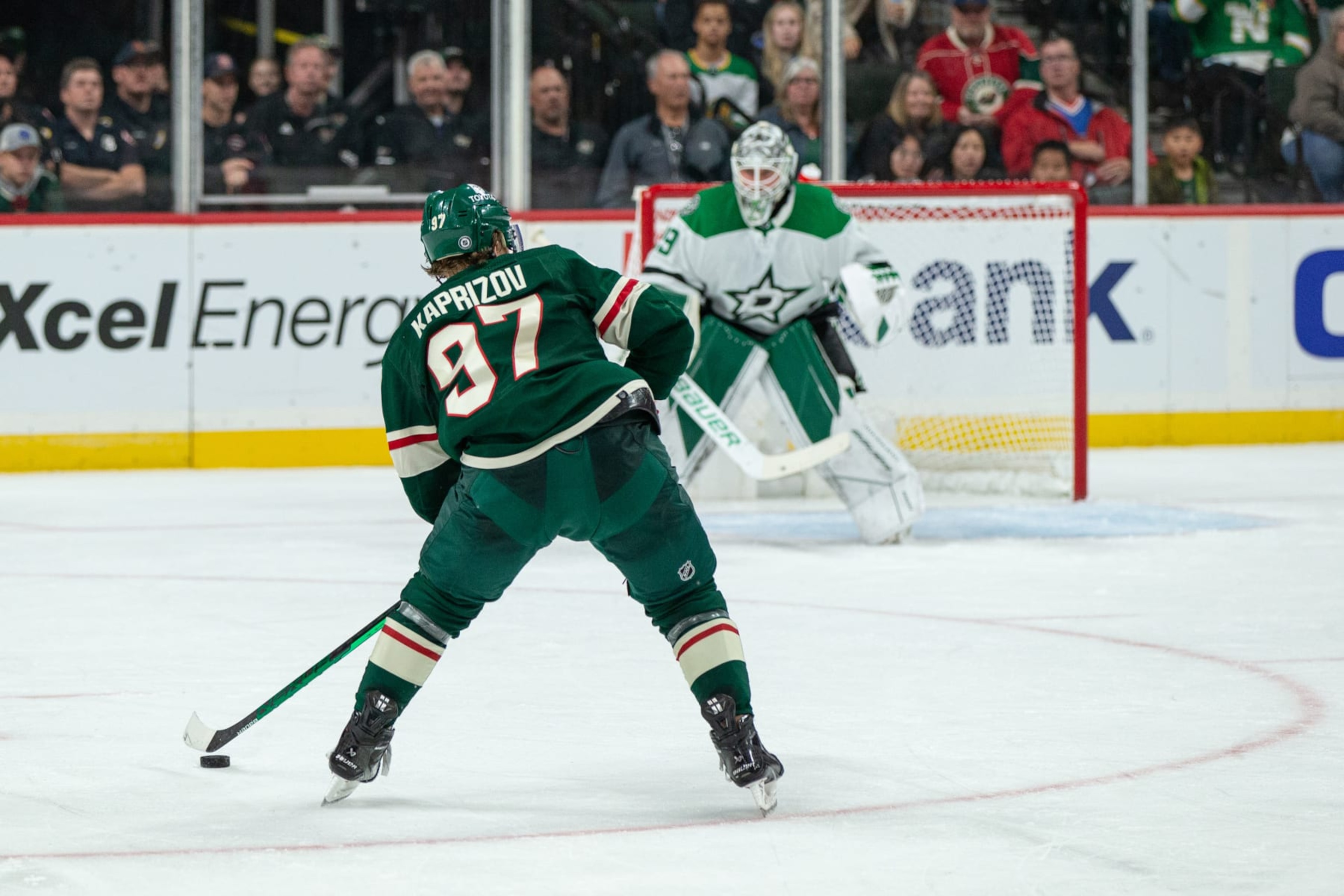 SAINT PAUL, MN - OCTOBER 08: Minnesota Wild Left Wing Kirill Kaprizov (97) looks to pass during the NHL game between the Dallas Stars and Minnesota Wild, on October 8th, 2022, at Xcel Energy Center in Saint Paul, MN. (Photo by Bailey Hillesheim/Icon Sportswire via Getty Images) SAINT PAUL, MN - OCTOBER 08: Minnesota Wild Left Wing Kirill Kaprizov (97) looks to pass during the NHL game between the Dallas Stars and Minnesota Wild, on October 8th, 2022, at Xcel Energy Center in Saint Paul, MN. (Photo by Bailey Hillesheim/Icon Sportswire via Getty Images)