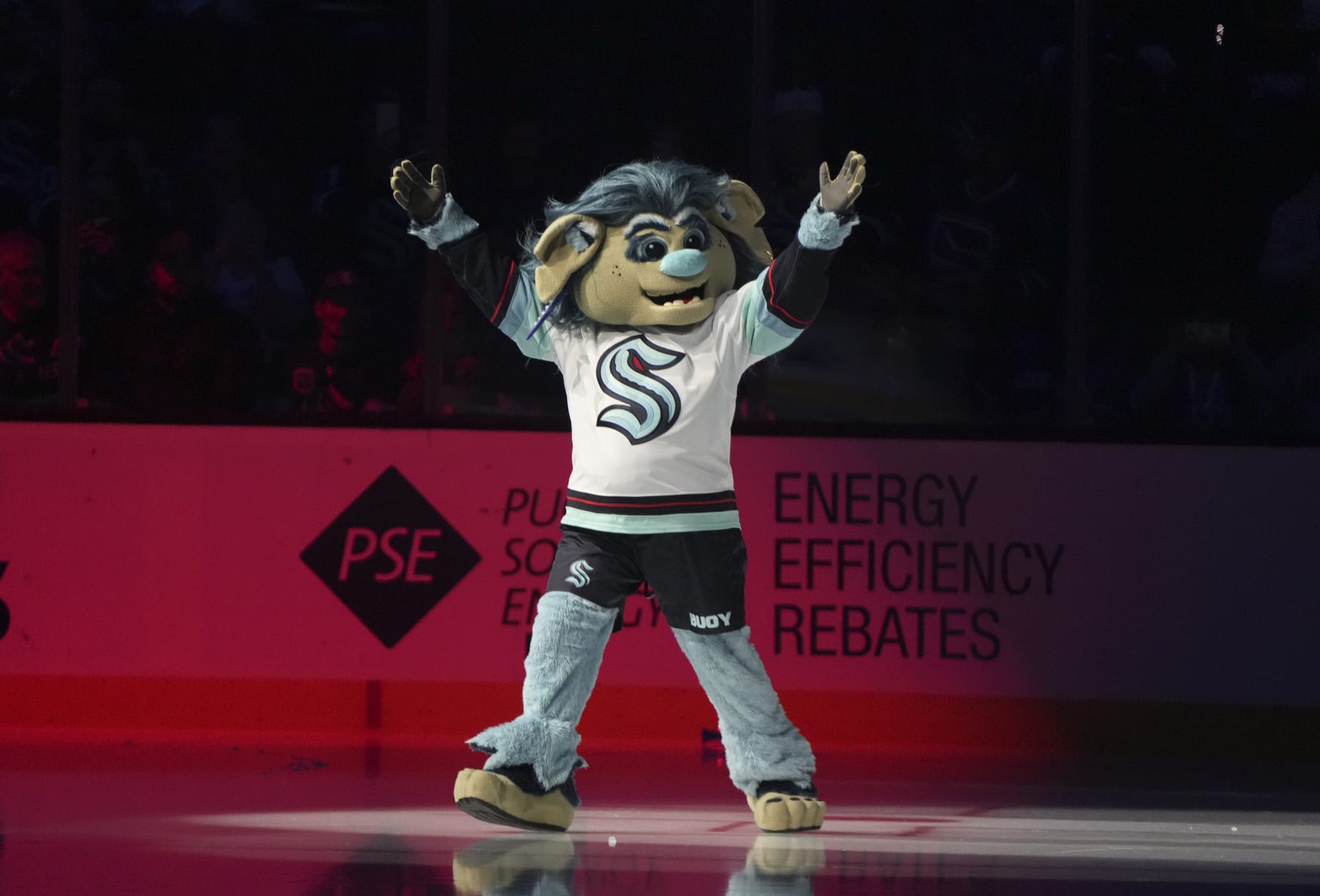 SEATTLE, WA - OCTOBER 01: The new Kraken mascot Buoy made it's debut tonight before an NHL pre-season game between the Vancouver Canucks and the Seattle Kraken on October 1, 2022 at Climate Pledge Arena in Seattle, WA.  (Photo by Jeff Halstead/Icon Sportswire via Getty Images)