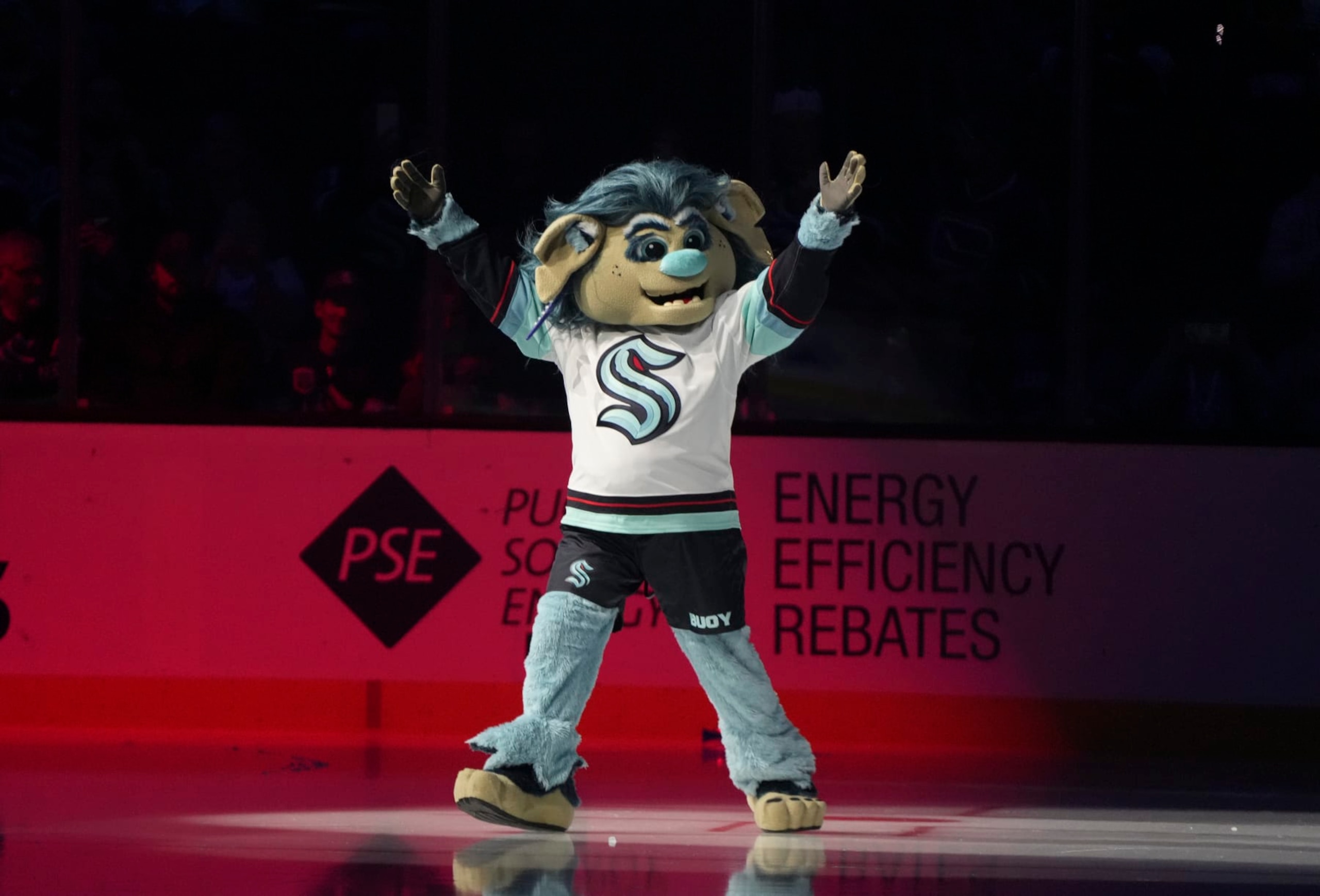 SEATTLE, WA - OCTOBER 01: The new Kraken mascot Buoy made it's debut tonight before an NHL pre-season game between the Vancouver Canucks and the Seattle Kraken on October 1, 2022 at Climate Pledge Arena in Seattle, WA.  (Photo by Jeff Halstead/Icon Sportswire via Getty Images)