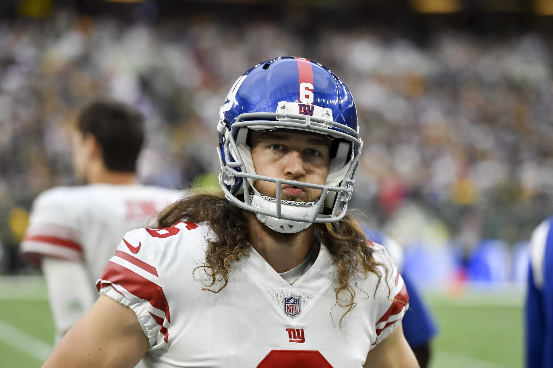 LONDON, ENGLAND - OCTOBER 09: Jamie Gillan of New York Giants looks on after the NFL match between New York Giants and Green Bay Packers at Tottenham Hotspur Stadium on October 9, 2022 in London, England. (Photo by Vincent Mignott/DeFodi Images via Getty Images)