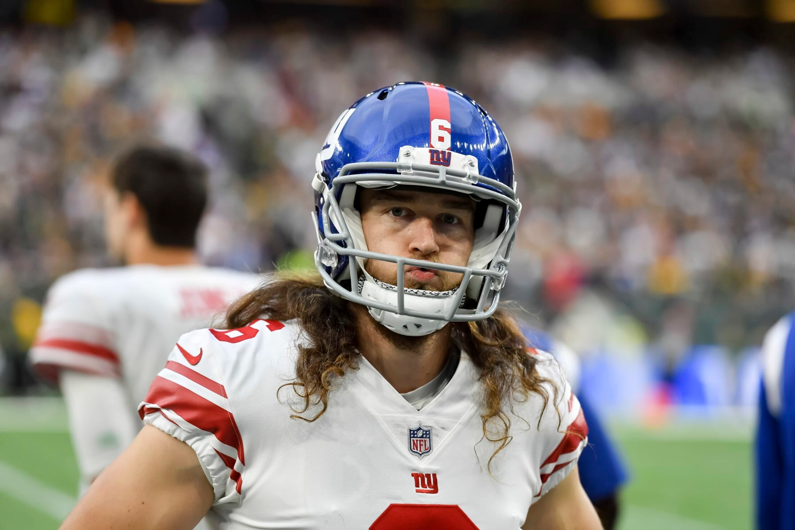 LONDON, ENGLAND - OCTOBER 09: Jamie Gillan of New York Giants looks on after the NFL match between New York Giants and Green Bay Packers at Tottenham Hotspur Stadium on October 9, 2022 in London, England. (Photo by Vincent Mignott/DeFodi Images via Getty Images)