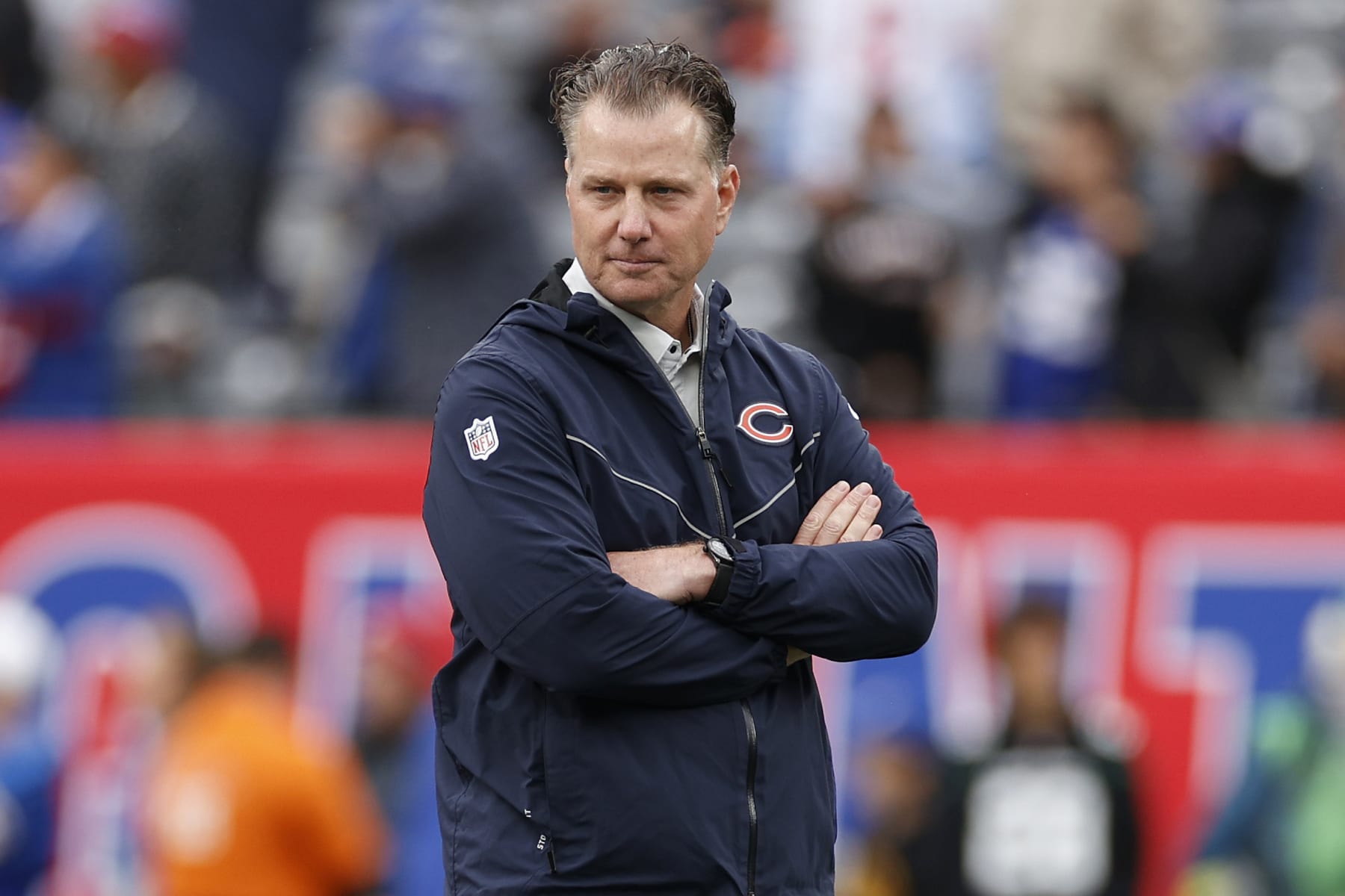 EAST RUTHERFORD, NEW JERSEY - OCTOBER 02: Head coach Matt Eberflus of the Chicago Bears looks on before the game against the New York Giants at MetLife Stadium on October 02, 2022 in East Rutherford, New Jersey. (Photo by Sarah Stier/Getty Images)