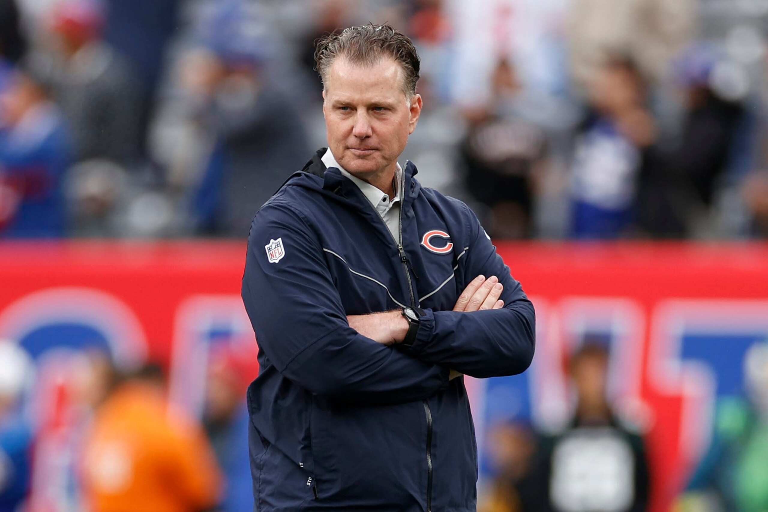 EAST RUTHERFORD, NEW JERSEY - OCTOBER 02: Head coach Matt Eberflus of the Chicago Bears looks on before the game against the New York Giants at MetLife Stadium on October 02, 2022 in East Rutherford, New Jersey. (Photo by Sarah Stier/Getty Images)