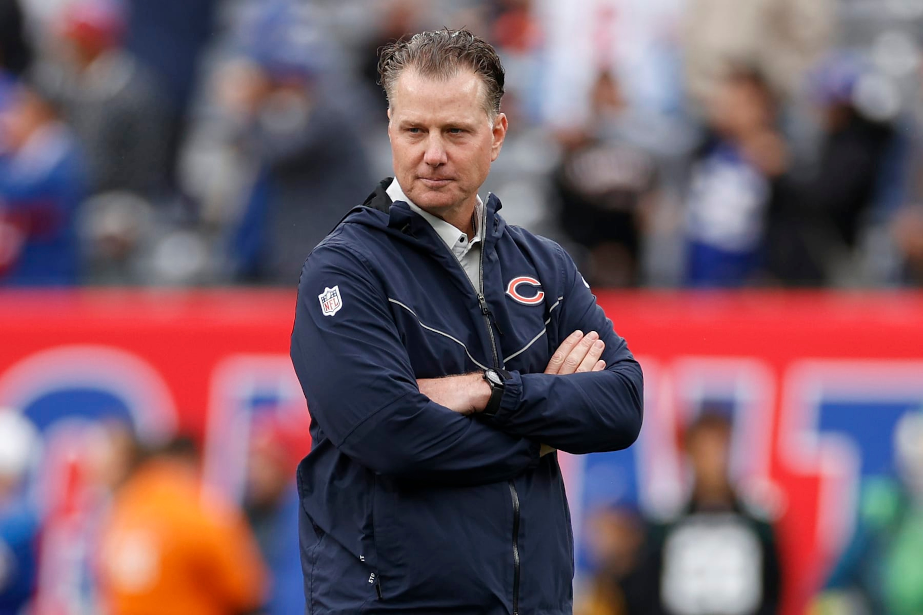 EAST RUTHERFORD, NEW JERSEY - OCTOBER 02: Head coach Matt Eberflus of the Chicago Bears looks on before the game against the New York Giants at MetLife Stadium on October 02, 2022 in East Rutherford, New Jersey. (Photo by Sarah Stier/Getty Images)