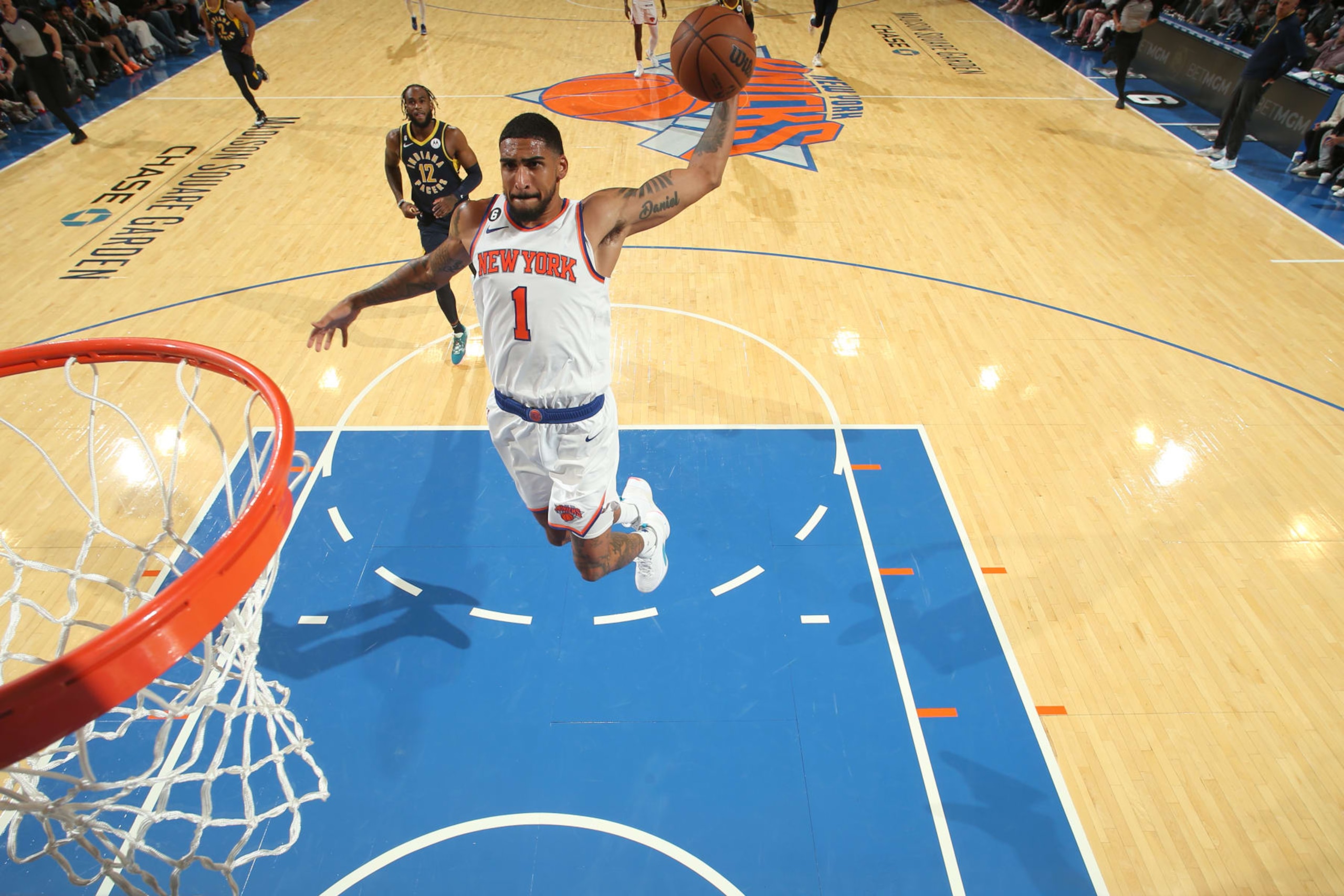 NEW YORK, NY - OCTOBER 7: Obi Toppin #1 of the New York Knicks dunks the ball against the Indiana Pacers during a preseason game on October 7, 2022 at Madison Square Garden in New York City, New York.  NOTE TO USER: User expressly acknowledges and agrees that, by downloading and or using this photograph, User is consenting to the terms and conditions of the Getty Images License Agreement. Mandatory Copyright Notice: Copyright 2022 NBAE  (Photo by Nathaniel S. Butler/NBAE via Getty Images)