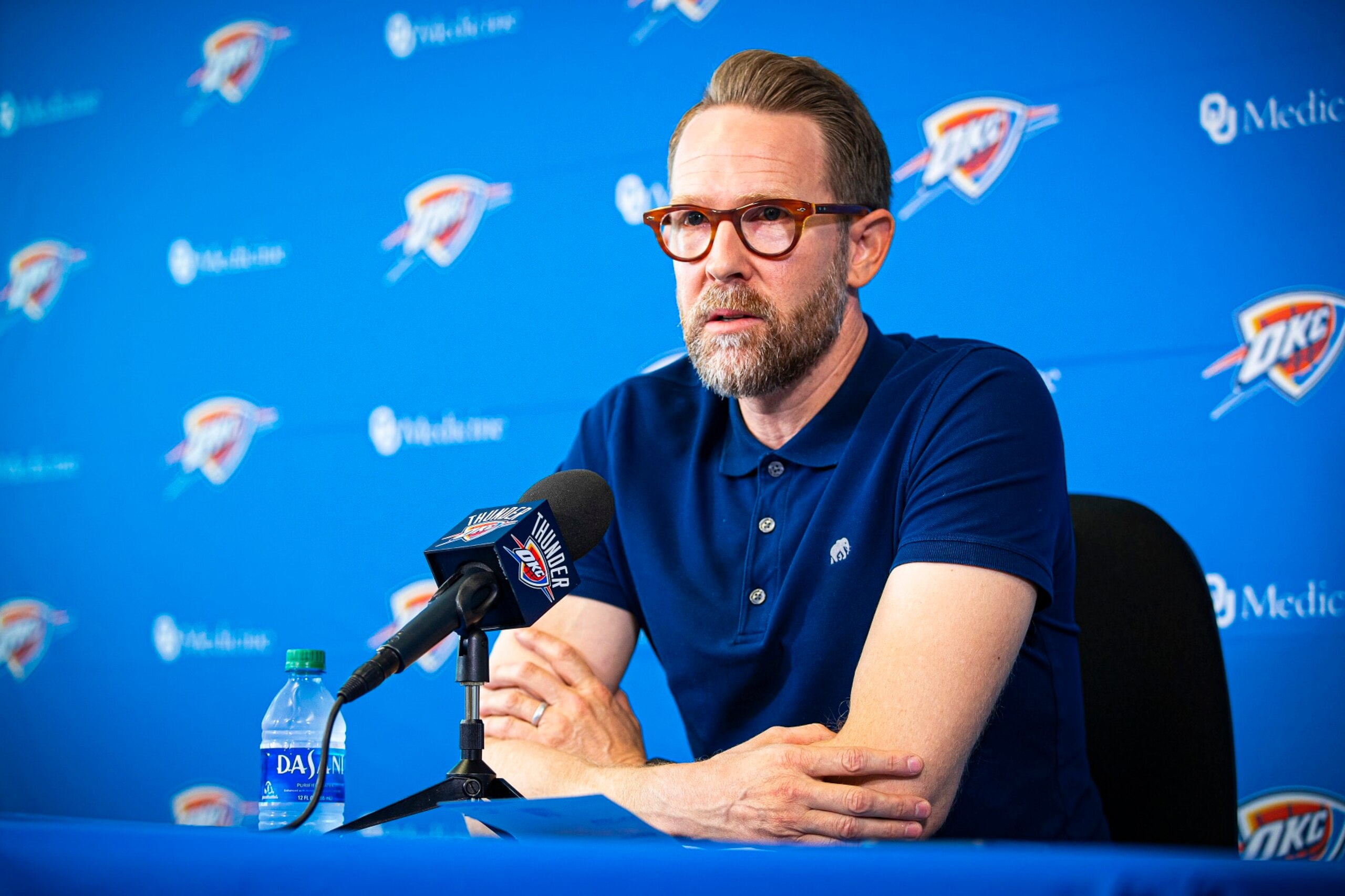 OKLAHOMA CITY, OK - SEPTEMBER 26: Oklahoma City Thunder General Manager Sam Presti speaks to media at preseason media availability at the Thunder ION on September 26, 2019 in Oklahoma City, OKlahoma. NOTE TO USER: User expressly acknowledges and agrees that, by downloading and or using this photograph, User is consenting to the terms and conditions of the Getty Images License Agreement. Mandatory Copyright Notice: Copyright 2019 NBAE (Photo by Zach Beeker/NBAE via Getty Images)