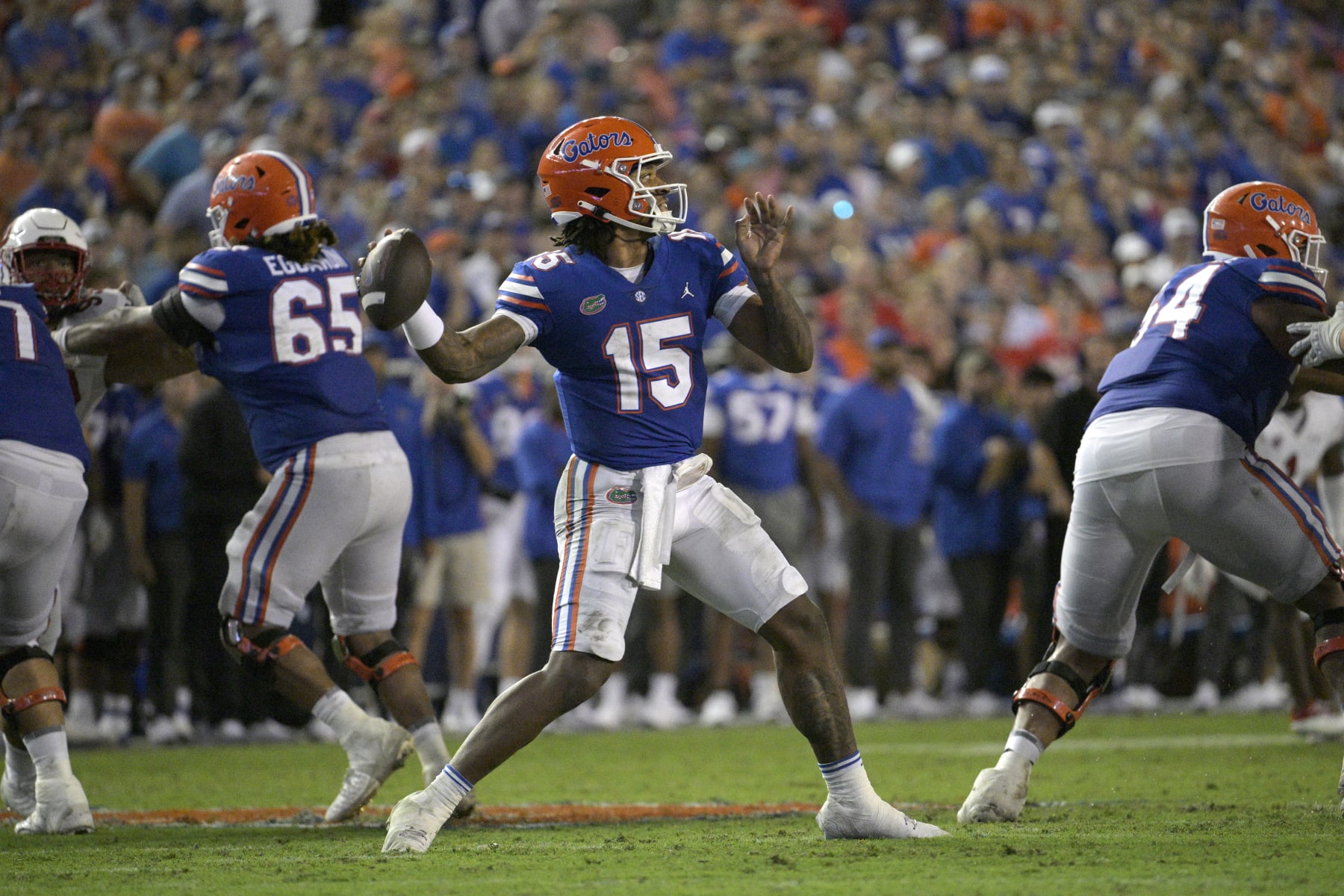 Florida quarterback Anthony Richardson (15) throws a pass during the second half of an NCAA college football game against Utah, Saturday, Sept. 3, 2022, in Gainesville, Fla. (AP Photo/Phelan M. Ebenhack)