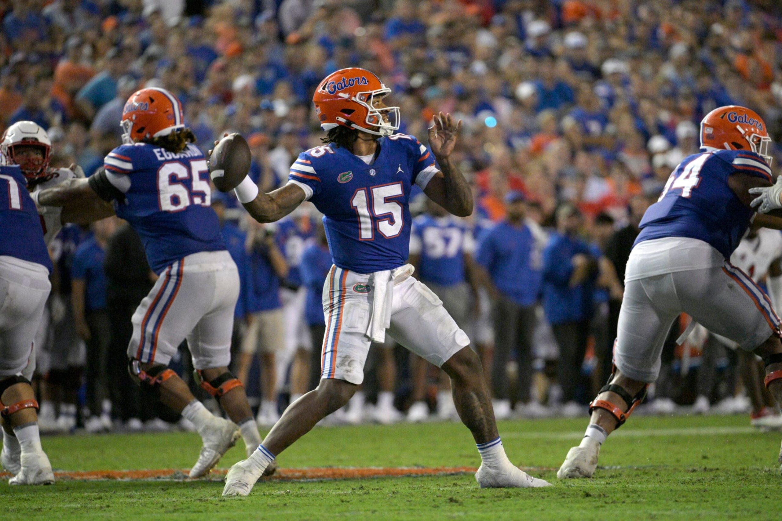 Florida quarterback Anthony Richardson (15) throws a pass during the second half of an NCAA college football game against Utah, Saturday, Sept. 3, 2022, in Gainesville, Fla. (AP Photo/Phelan M. Ebenhack)