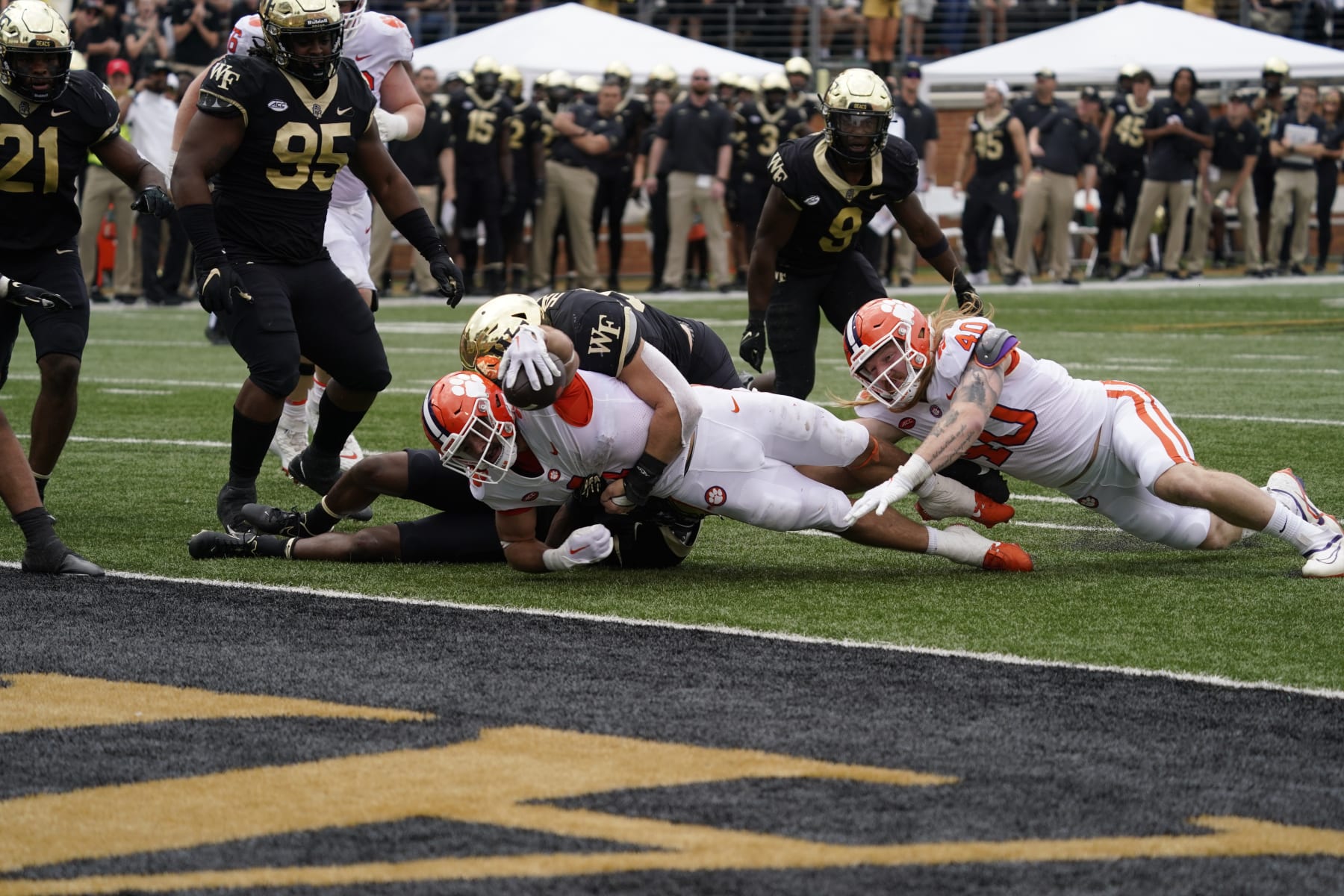 Clemson running back Will Shipley (1) runs for a touchdown against Wake Forest during the second half of an NCAA college football game in Winston-Salem, N.C., Saturday, Sept. 24, 2022. (AP Photo/Chuck Burton)