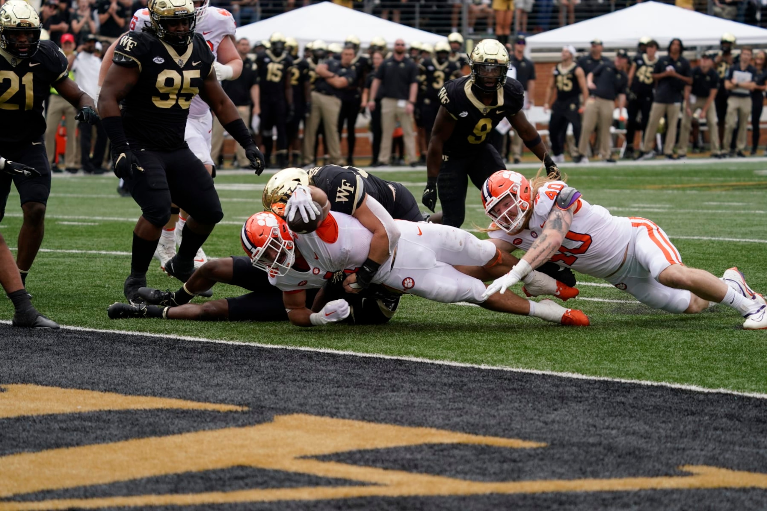Clemson running back Will Shipley (1) runs for a touchdown against Wake Forest during the second half of an NCAA college football game in Winston-Salem, N.C., Saturday, Sept. 24, 2022. (AP Photo/Chuck Burton)