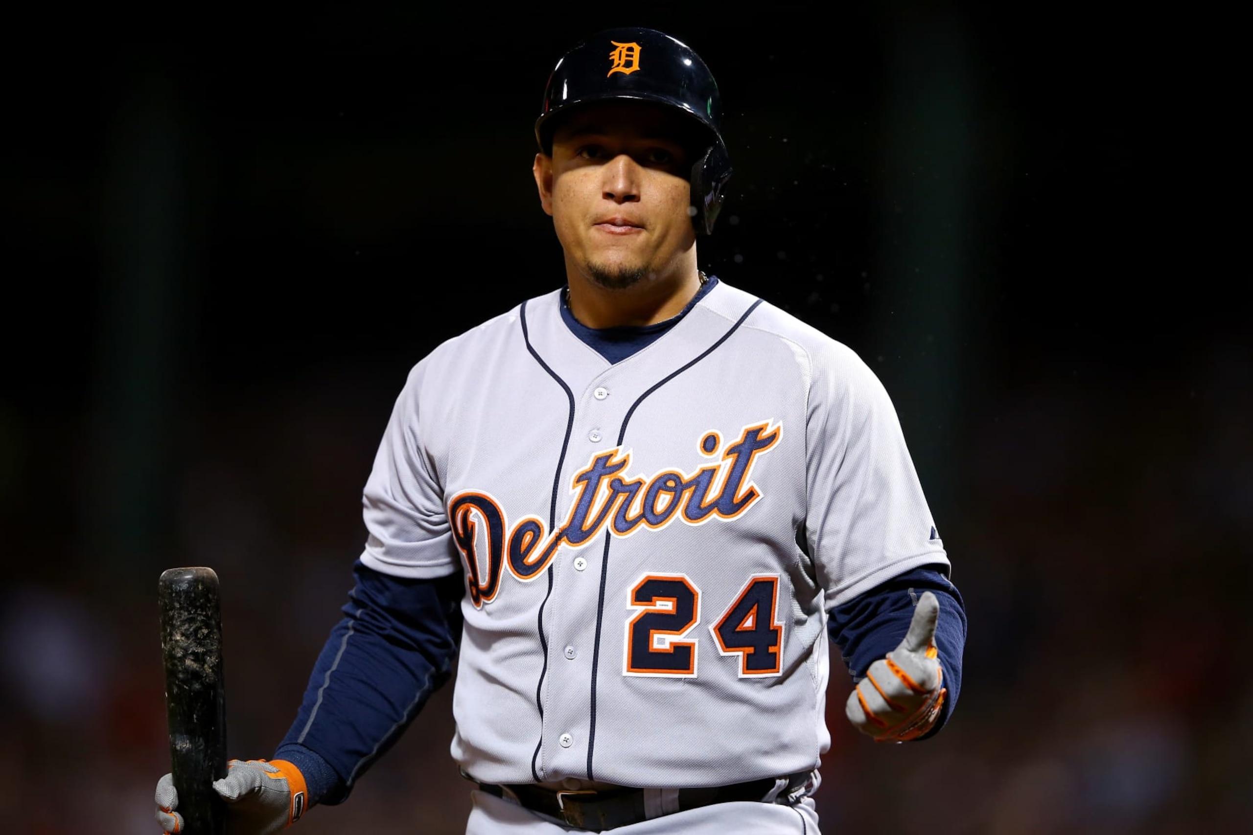BOSTON, MA - OCTOBER 19:  Miguel Cabrera #24 of the Detroit Tigers reacts after getting struck out by Clay Buchholz #11 of the Boston Red Sox in the third inning during Game Six of the American League Championship Series at Fenway Park on October 19, 2013 in Boston, Massachusetts.  (Photo by Al Bello/Getty Images)