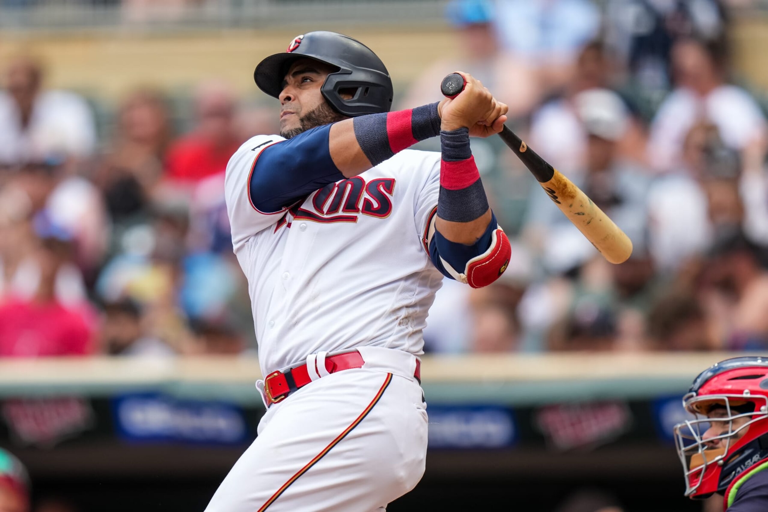 MINNEAPOLIS, MN - JUNE 27: Nelson Cruz #23 of the Minnesota Twins bats and hits a home run against the Cleveland Indians on June 27, 2021 at Target Field in Minneapolis, Minnesota. (Photo by Brace Hemmelgarn/Minnesota Twins/Getty Images)