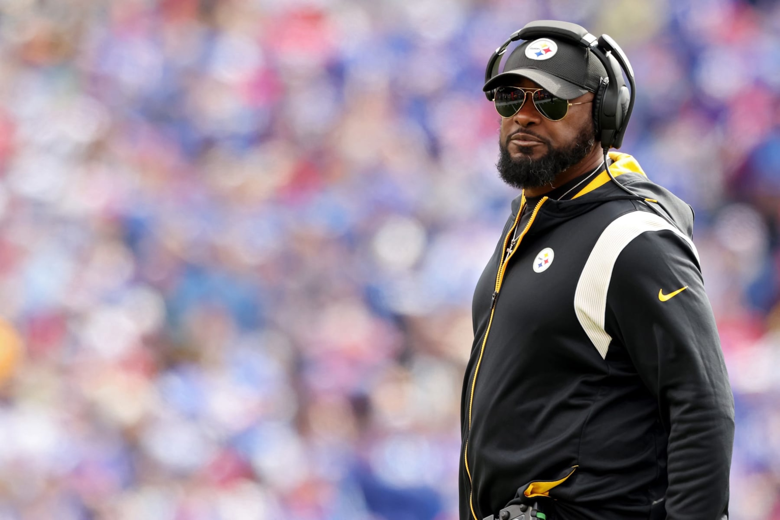 ORCHARD PARK, NEW YORK - OCTOBER 09:Head coach Mike Tomlin of the Pittsburgh Steelers  looks on against the Buffalo Bills during the first quarter at Highmark Stadium on October 09, 2022 in Orchard Park, New York. (Photo by Bryan M. Bennett/Getty Images)