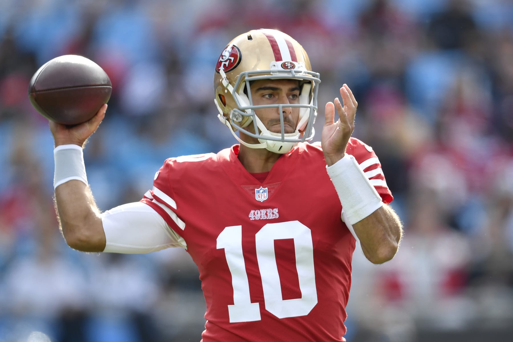 CHARLOTTE, NORTH CAROLINA - OCTOBER 09: Jimmy Garoppolo #10 of the San Francisco 49ers throws the ball during the first quarter against the Carolina Panthers at Bank of America Stadium on October 09, 2022 in Charlotte, North Carolina. (Photo by Mike Comer/Getty Images)
