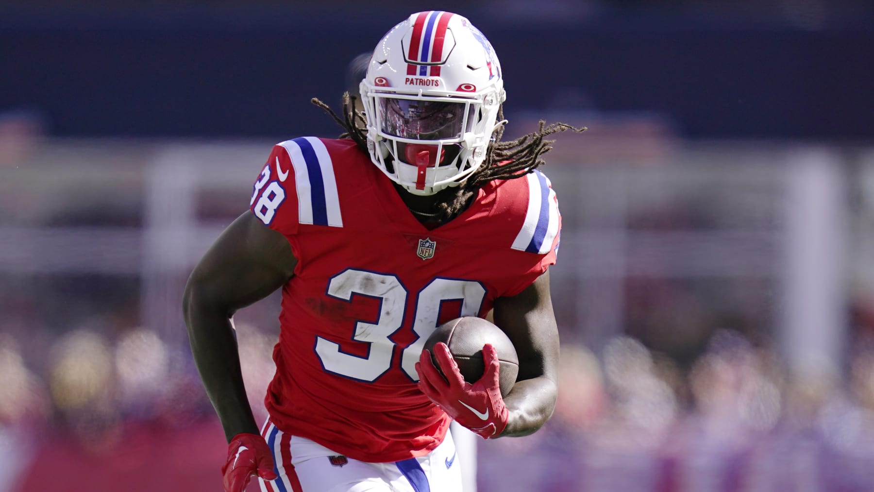 New England Patriots running back Rhamondre Stevenson (38) during an NFL football game, Sunday, Oct. 9, 2022, in Foxborough, Mass. (AP Photo/Charles Krupa)