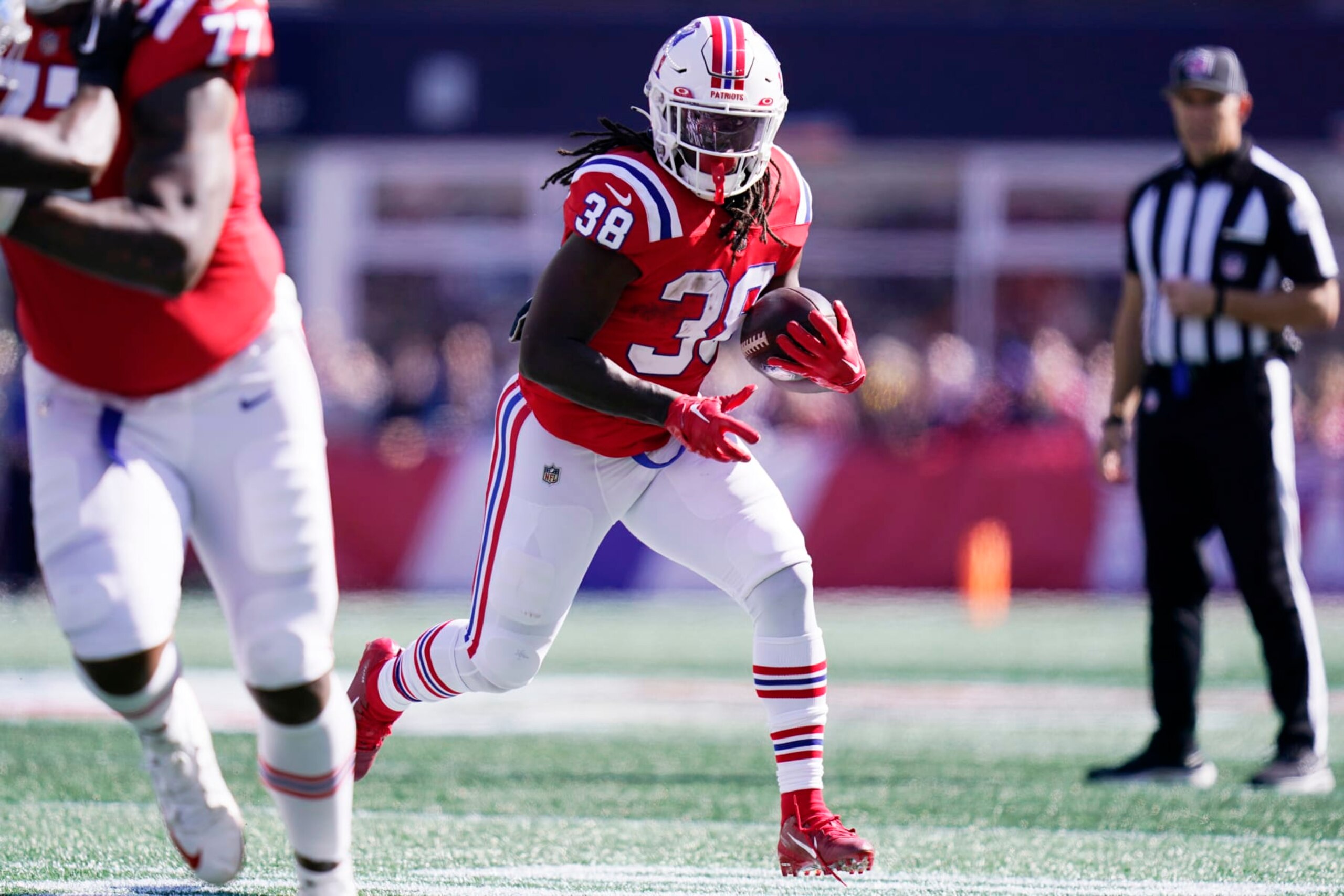 New England Patriots running back Rhamondre Stevenson (38) during an NFL football game, Sunday, Oct. 9, 2022, in Foxborough, Mass. (AP Photo/Charles Krupa)