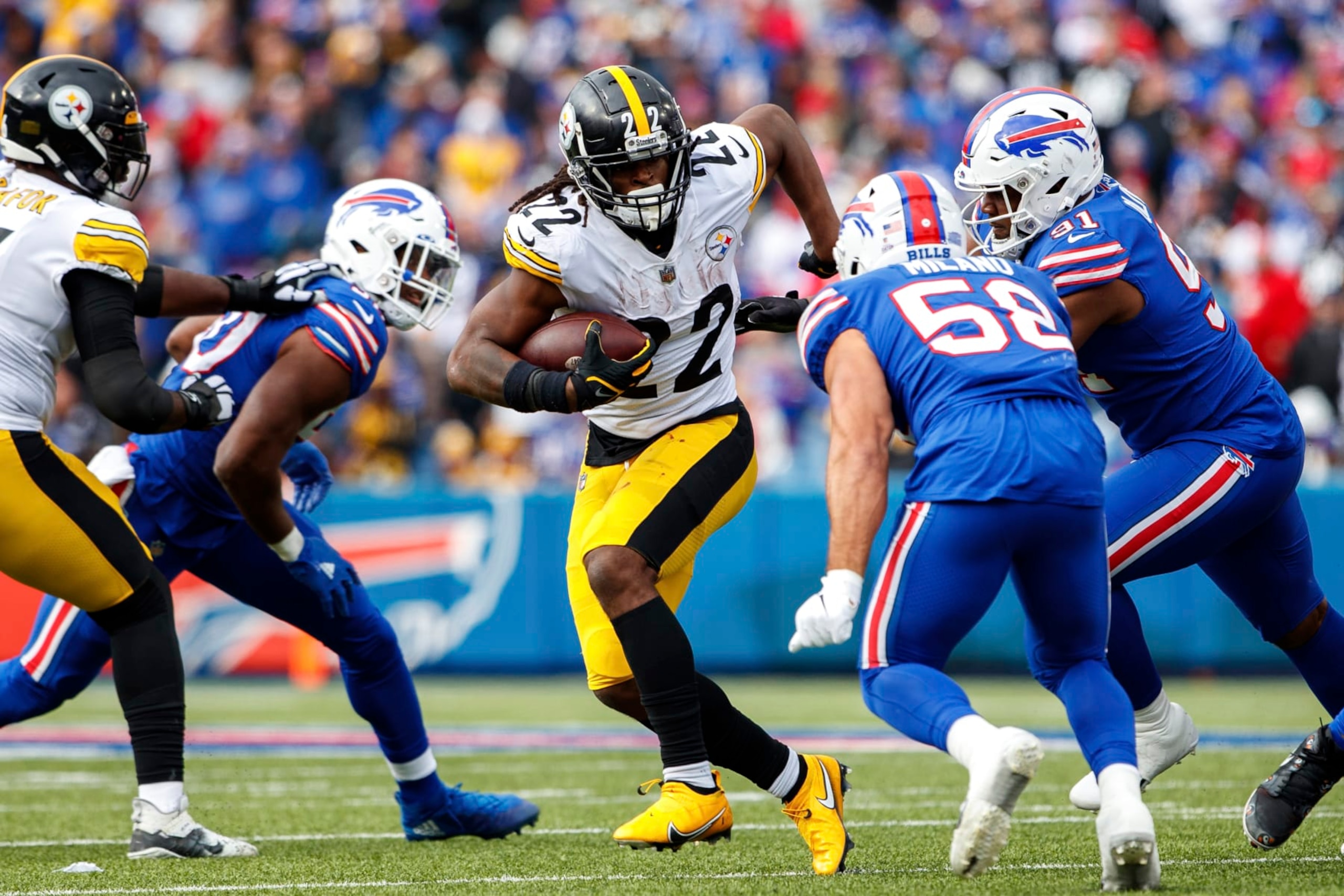 Pittsburgh Steelers running back Najee Harris (22) rushes during an NFL football game, Sunday, Oct. 9, 2022, in Orchard Park, NY. (AP Photo/Matt Durisko)