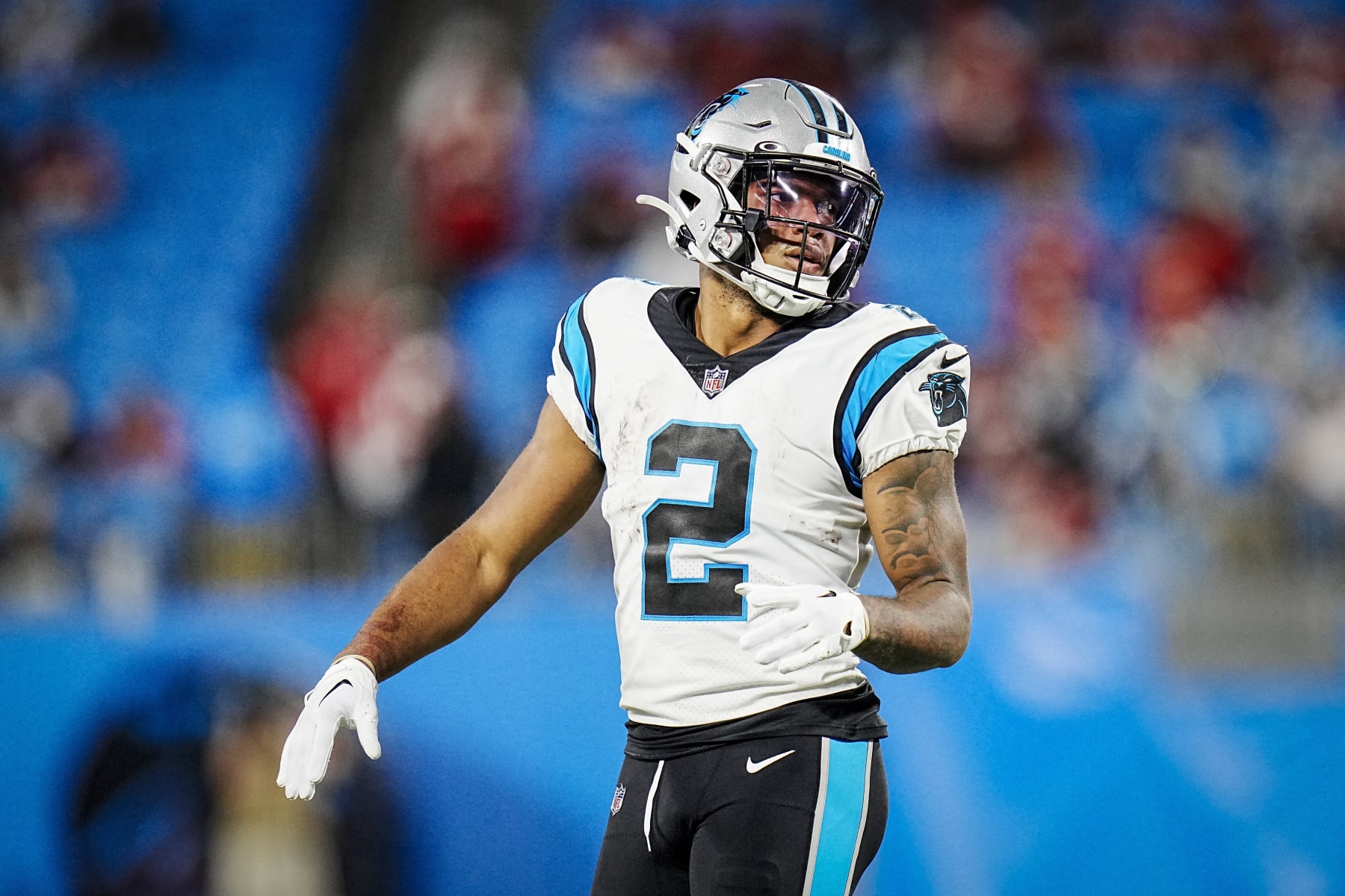 Carolina Panthers wide receiver DJ Moore (2) pauses between plays during an NFL football game against the San Francisco 49ers on Sunday, Oct. 09, 2022, in Charlotte, N.C. (AP Photo/Rusty Jones)