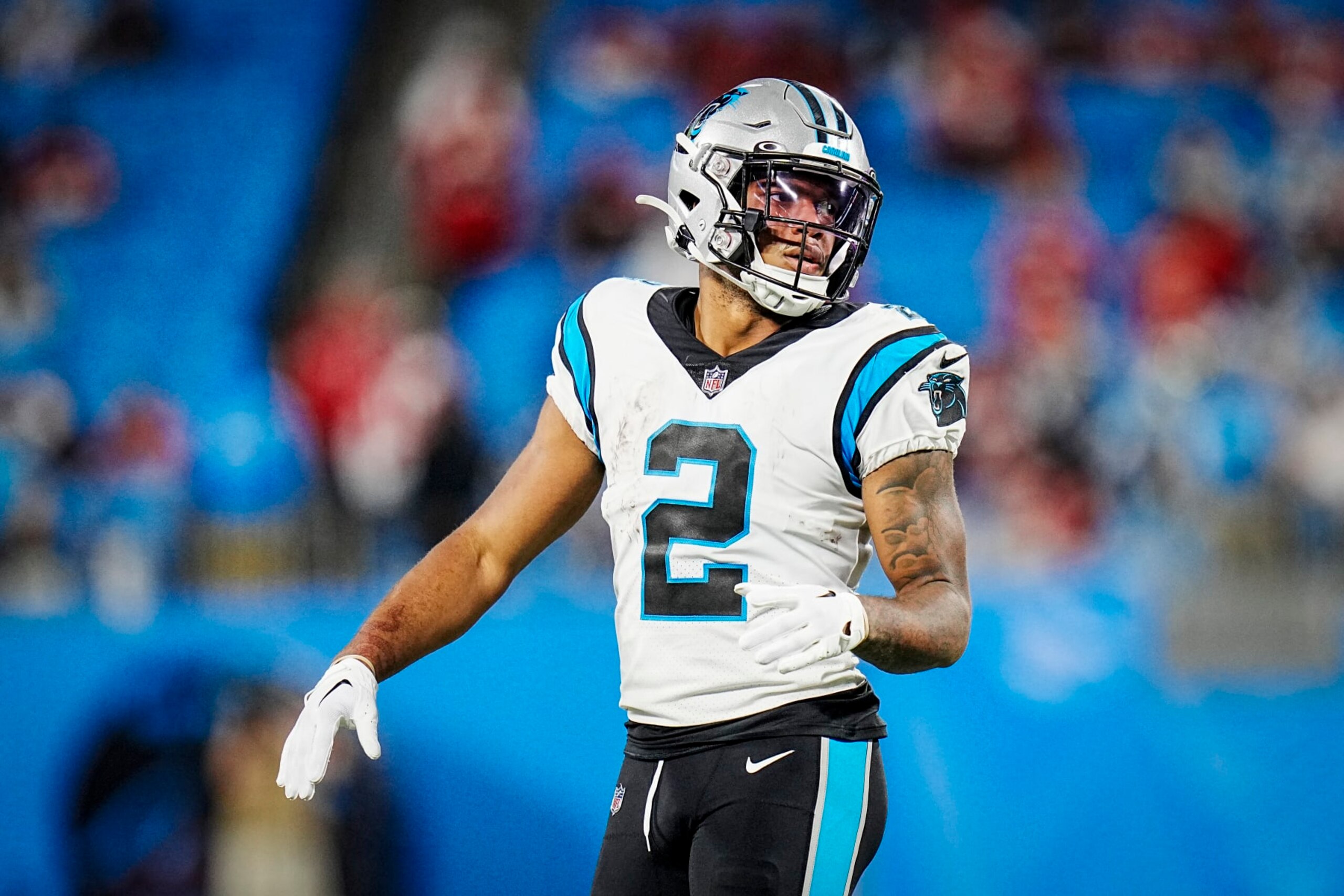 Carolina Panthers wide receiver DJ Moore (2) pauses between plays during an NFL football game against the San Francisco 49ers on Sunday, Oct. 09, 2022, in Charlotte, N.C. (AP Photo/Rusty Jones)