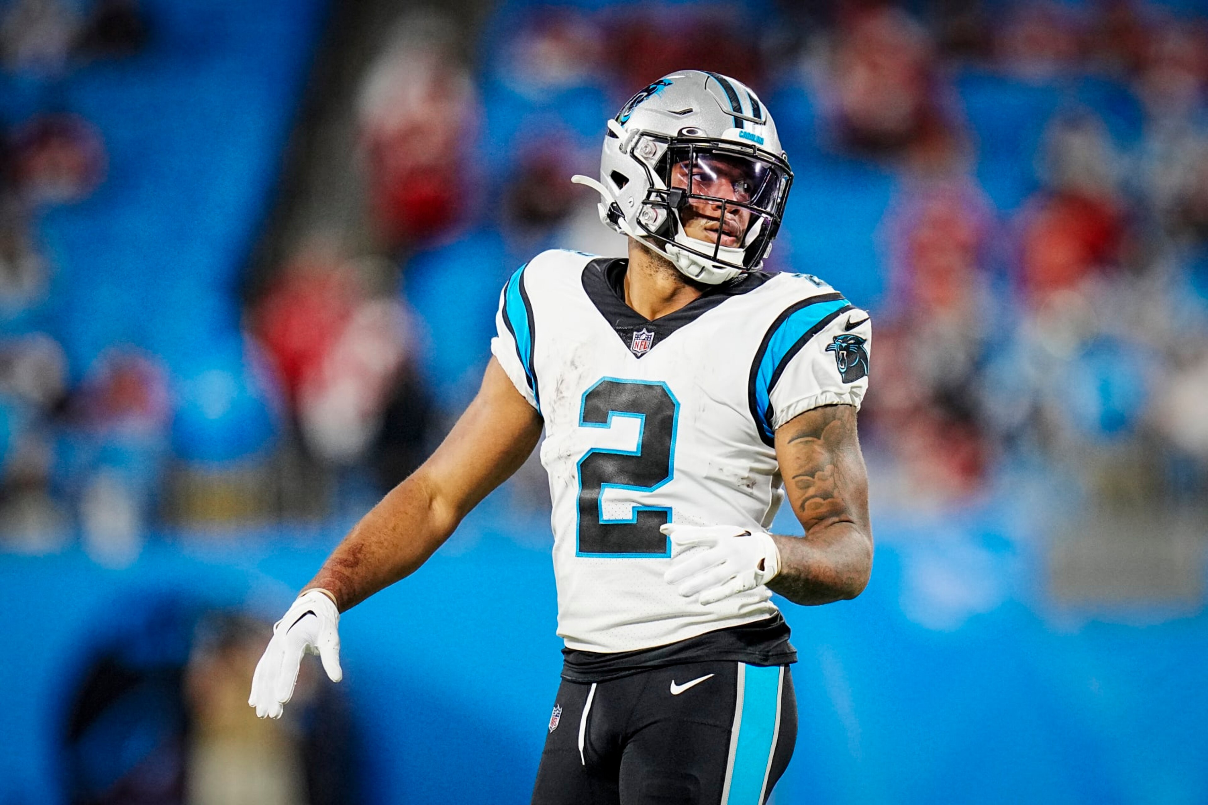 Carolina Panthers wide receiver DJ Moore (2) pauses between plays during an NFL football game against the San Francisco 49ers on Sunday, Oct. 09, 2022, in Charlotte, N.C. (AP Photo/Rusty Jones)