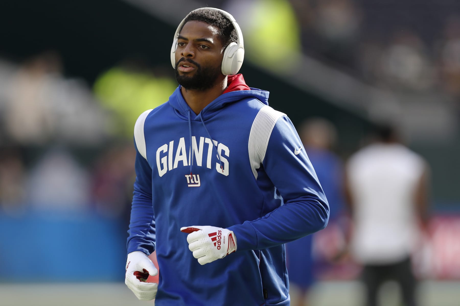 New York Giants wide receiver Darius Slayton (86) warms up before an NFL football game against the Green Bay Packers at Tottenham Hotspur Stadium in London, Sunday, Oct. 9, 2022. The New York Giants won 27-22. (AP Photo/Steve Luciano)