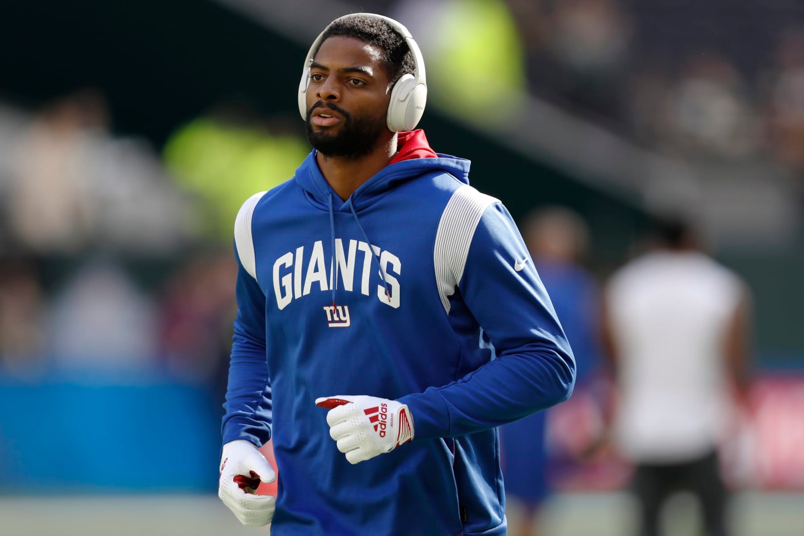 New York Giants wide receiver Darius Slayton (86) warms up before an NFL football game against the Green Bay Packers at Tottenham Hotspur Stadium in London, Sunday, Oct. 9, 2022. The New York Giants won 27-22. (AP Photo/Steve Luciano) New York Giants wide receiver Darius Slayton (86) warms up before an NFL football game against the Green Bay Packers at Tottenham Hotspur Stadium in London, Sunday, Oct. 9, 2022. The New York Giants won 27-22. (AP Photo/Steve Luciano)