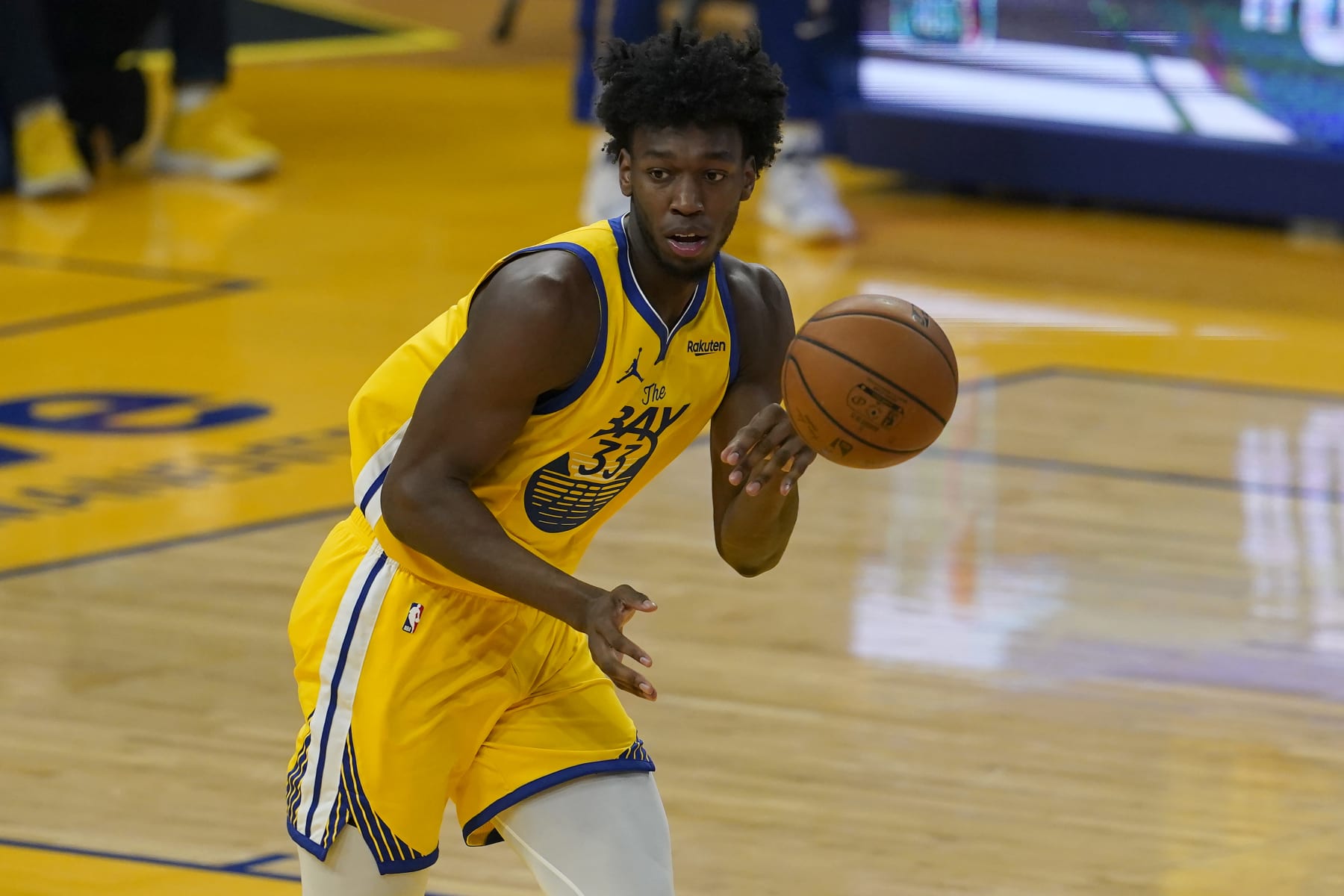 Golden State Warriors center James Wiseman during an NBA basketball game against the Milwaukee Bucks in San Francisco, Tuesday, April 6, 2021. (AP Photo/Jeff Chiu)