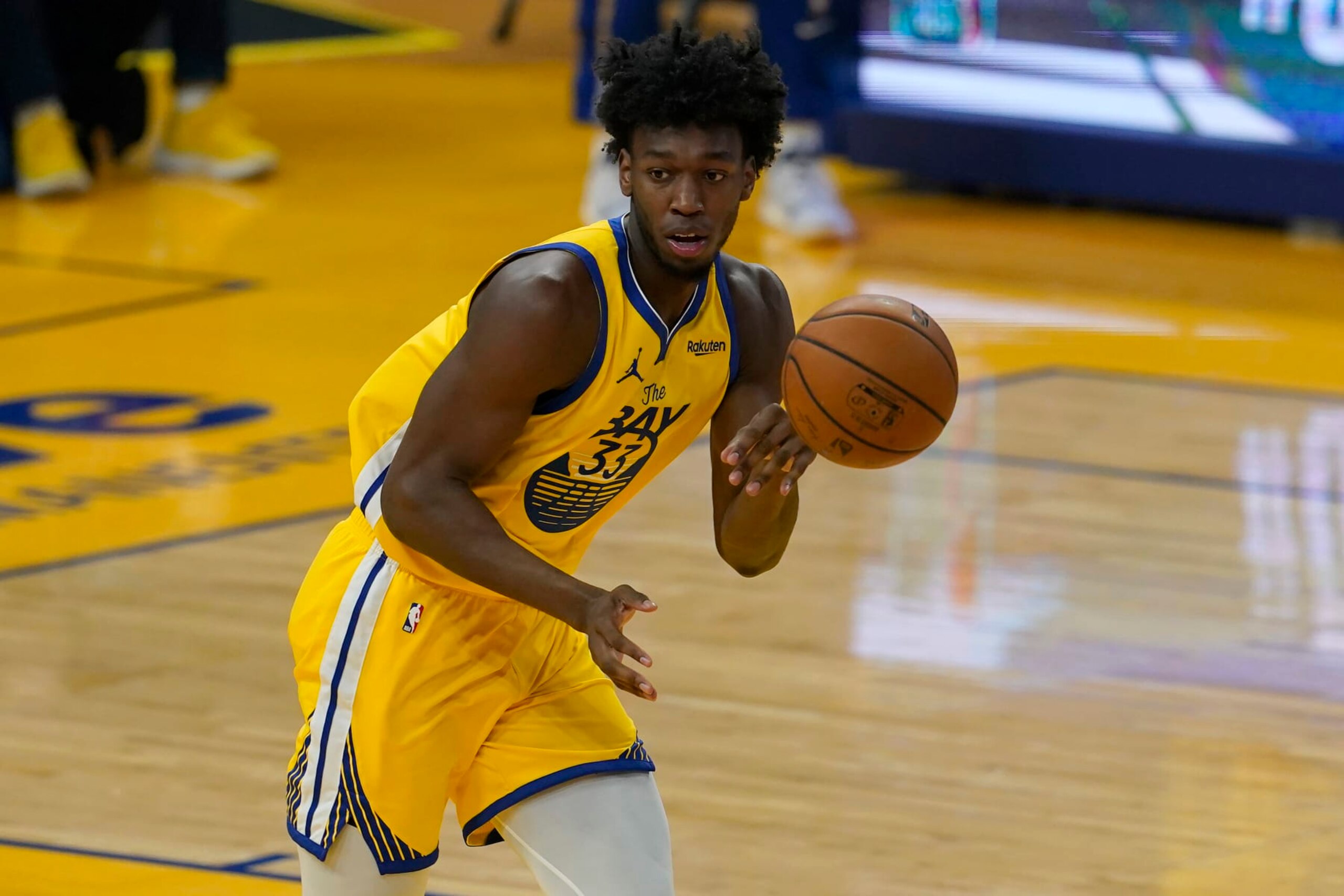 Golden State Warriors center James Wiseman during an NBA basketball game against the Milwaukee Bucks in San Francisco, Tuesday, April 6, 2021. (AP Photo/Jeff Chiu)