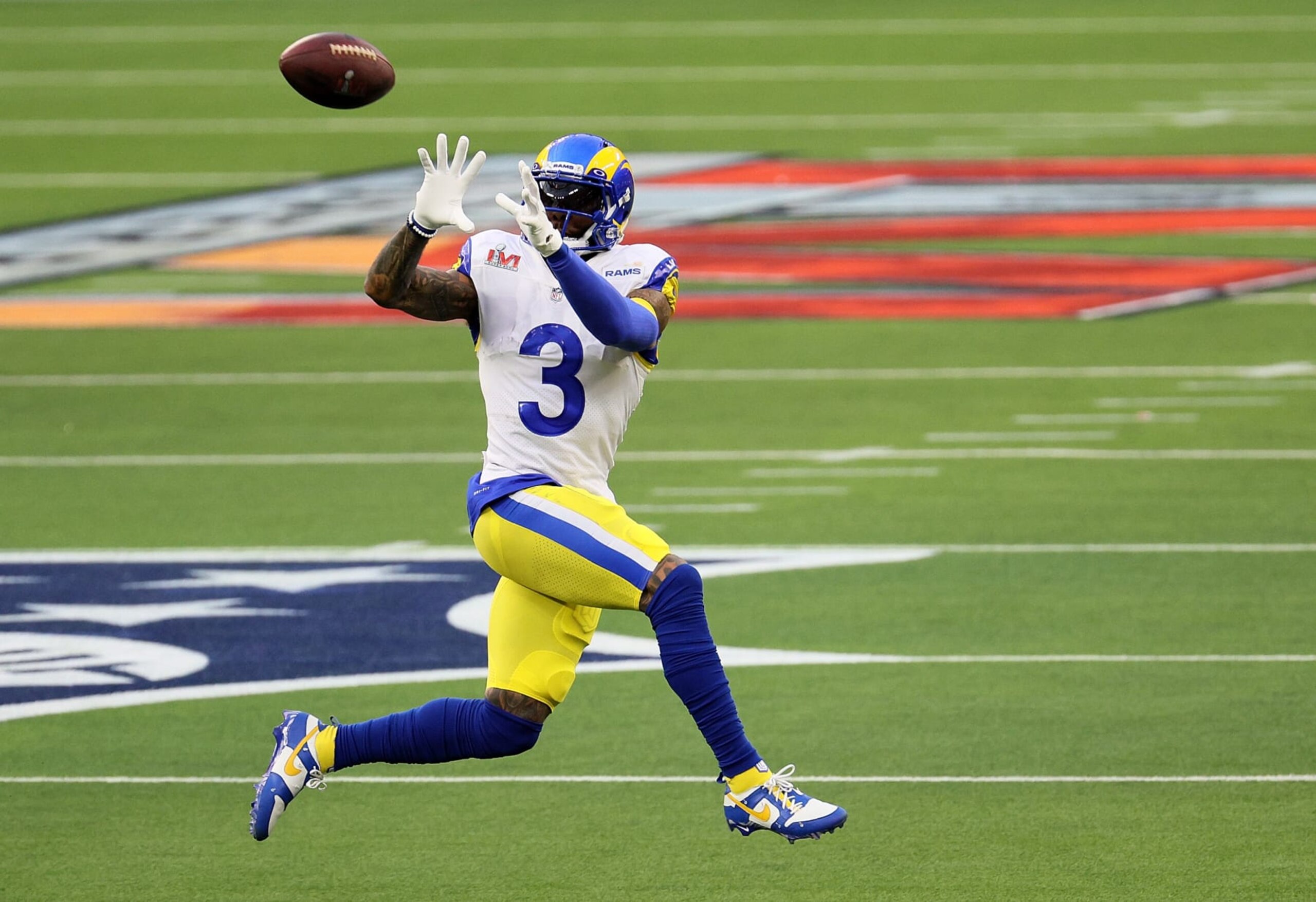 INGLEWOOD, CALIFORNIA - FEBRUARY 13: Odell Beckham Jr. #3 of the Los Angeles Rams catches the ball in the second quarter of the game against the Cincinnati Bengals during Super Bowl LVI at SoFi Stadium on February 13, 2022 in Inglewood, California. (Photo by Andy Lyons/Getty Images)