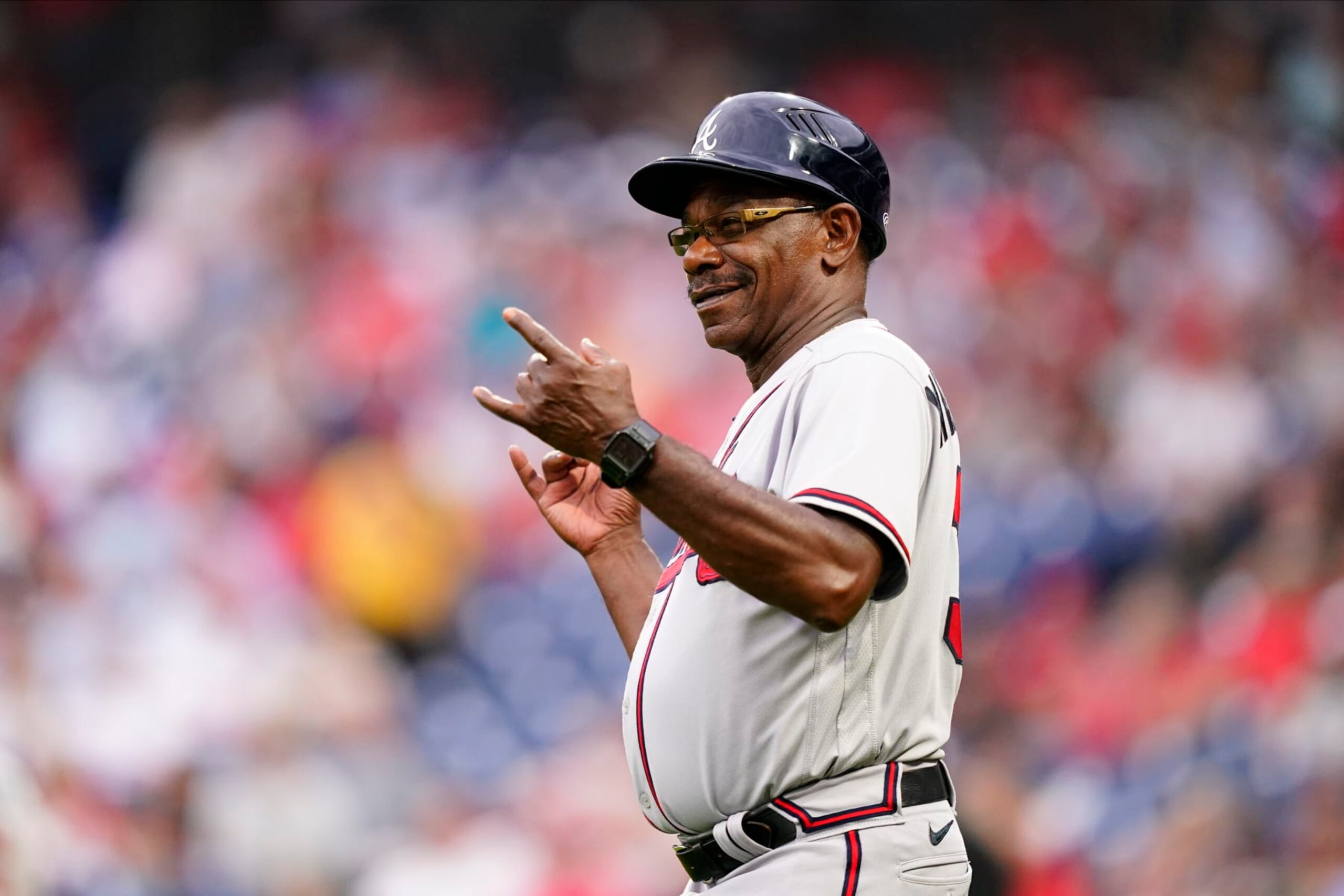 Atlanta Braves' Ron Washington reacts during a baseball game, Tuesday, July 26, 2022, in Philadelphia. (AP Photo/Matt Slocum)