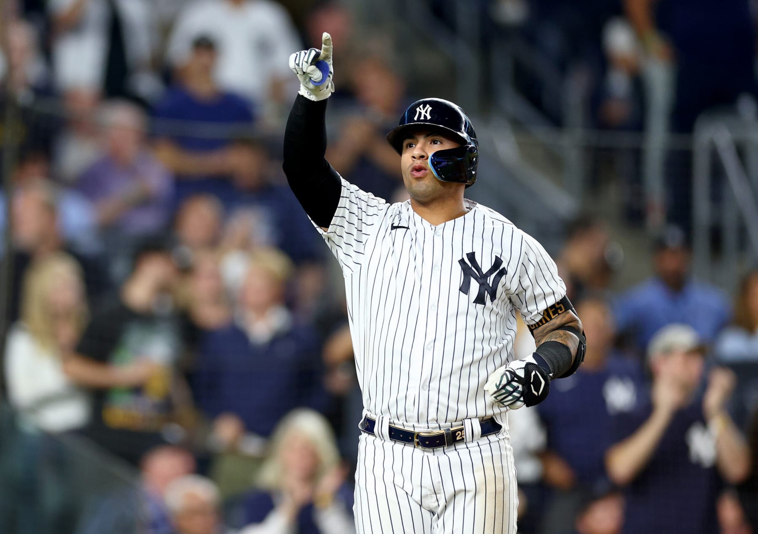 NEW YORK, NEW YORK - SEPTEMBER 21:  Gleyber Torres #25 of the New York Yankees celebrates of his home run in the eighth inning against the Pittsburgh Pirates at Yankee Stadium on September 21, 2022 in the Bronx borough of New York City. The New York Yankees defeated the Pittsburgh Pirates 14-2. (Photo by Elsa/Getty Images)