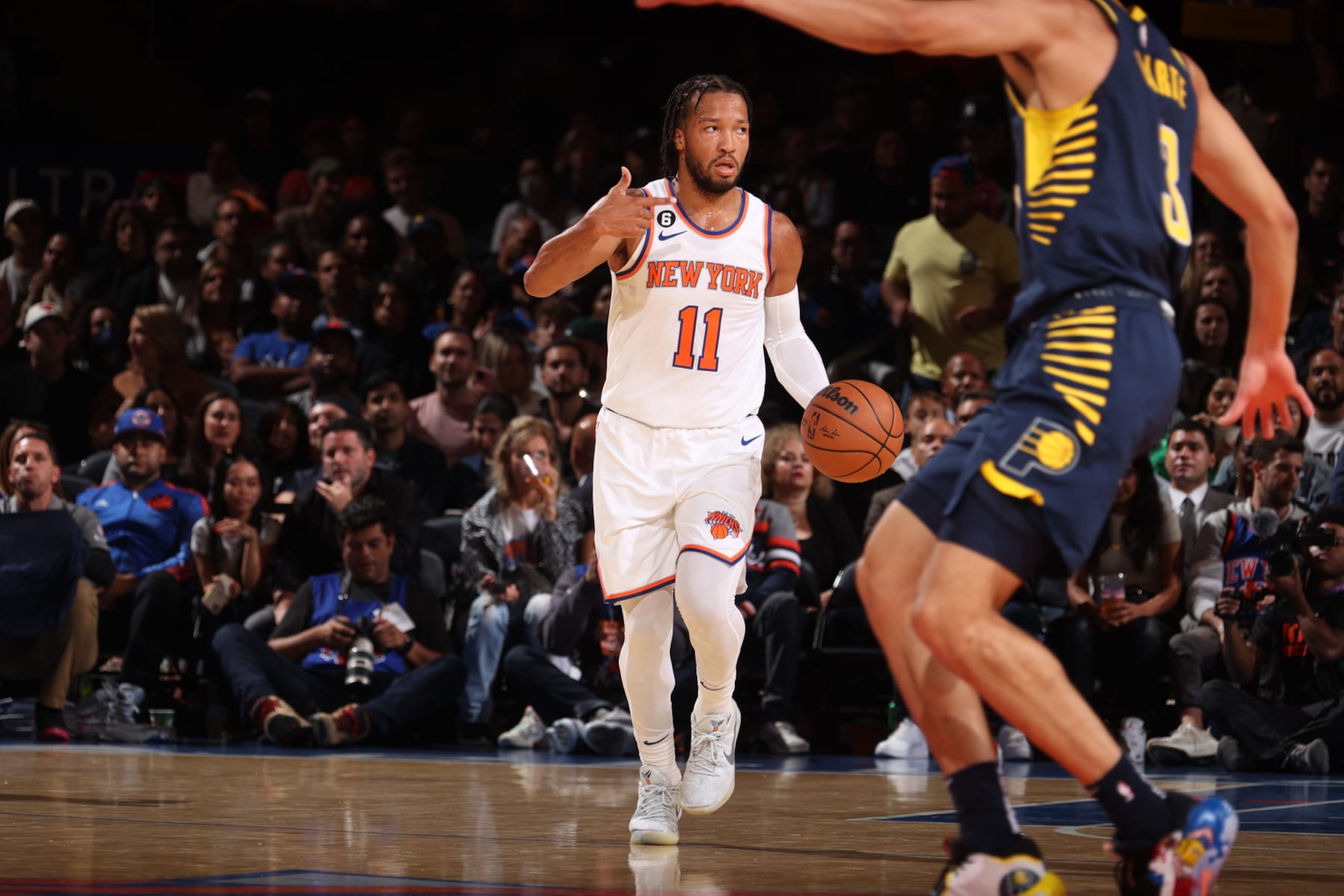 NEW YORK, NY - OCTOBER 7: Jalen Brunson #11 of the New York Knicks dribbles the ball against the Indiana Pacers during a preseason game on October 7, 2022 at Madison Square Garden in New York City, New York. NOTE TO USER: User expressly acknowledges and agrees that, by downloading and or using this photograph, User is consenting to the terms and conditions of the Getty Images License Agreement. Mandatory Copyright Notice: Copyright 2022 NBAE (Photo by Nathaniel S. Butler/NBAE via Getty Images) NEW YORK, NY - OCTOBER 7: Jalen Brunson #11 of the New York Knicks dribbles the ball against the Indiana Pacers during a preseason game on October 7, 2022 at Madison Square Garden in New York City, New York. NOTE TO USER: User expressly acknowledges and agrees that, by downloading and or using this photograph, User is consenting to the terms and conditions of the Getty Images License Agreement. Mandatory Copyright Notice: Copyright 2022 NBAE (Photo by Nathaniel S. Butler/NBAE via Getty Images)