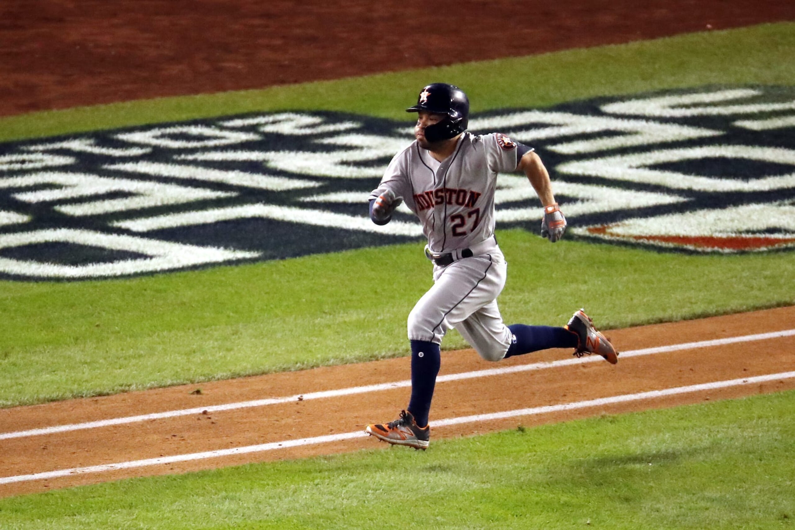 WASHINGTON, DC - OCTOBER 26:  Jose Altuve #27 of the Houston Astros is thrown out against the Washington Nationals during the fourth inning in Game Four of the 2019 World Series at Nationals Park on October 26, 2019 in Washington, DC. (Photo by Win McNamee/Getty Images)