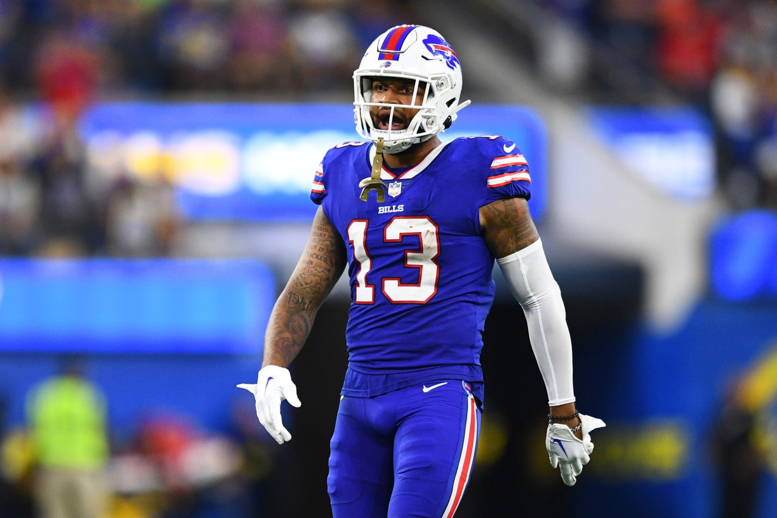 INGLEWOOD, CA - SEPTEMBER 08: Buffalo Bills wide receiver Gabe Davis (13) celebrates during the NFL game between the Buffalo Bills and the Los Angeles Rams on September 8, 2022, at SoFi Stadium in Inglewood, CA. (Photo by Brian Rothmuller/Icon Sportswire via Getty Images) INGLEWOOD, CA - SEPTEMBER 08: Buffalo Bills wide receiver Gabe Davis (13) celebrates during the NFL game between the Buffalo Bills and the Los Angeles Rams on September 8, 2022, at SoFi Stadium in Inglewood, CA. (Photo by Brian Rothmuller/Icon Sportswire via Getty Images)