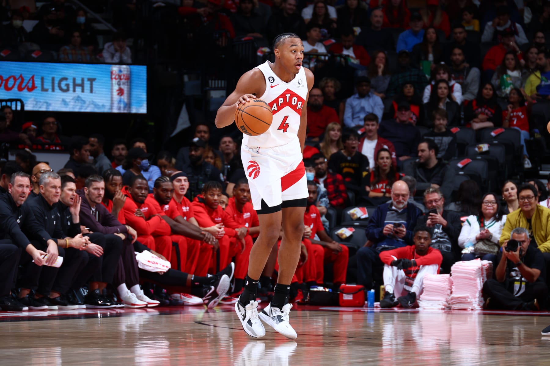 TORONTO, CANADA - OCTOBER 9: Scottie Barnes #4 of the Toronto Raptors dribbles the ball against the Chicago Bulls during a preseason game on October 9, 2022 at the Scotiabank Arena in Toronto, Ontario, Canada.  NOTE TO USER: User expressly acknowledges and agrees that, by downloading and or using this Photograph, user is consenting to the terms and conditions of the Getty Images License Agreement.  Mandatory Copyright Notice: Copyright 2022 NBAE (Photo by Vaughn Ridley/NBAE via Getty Images)